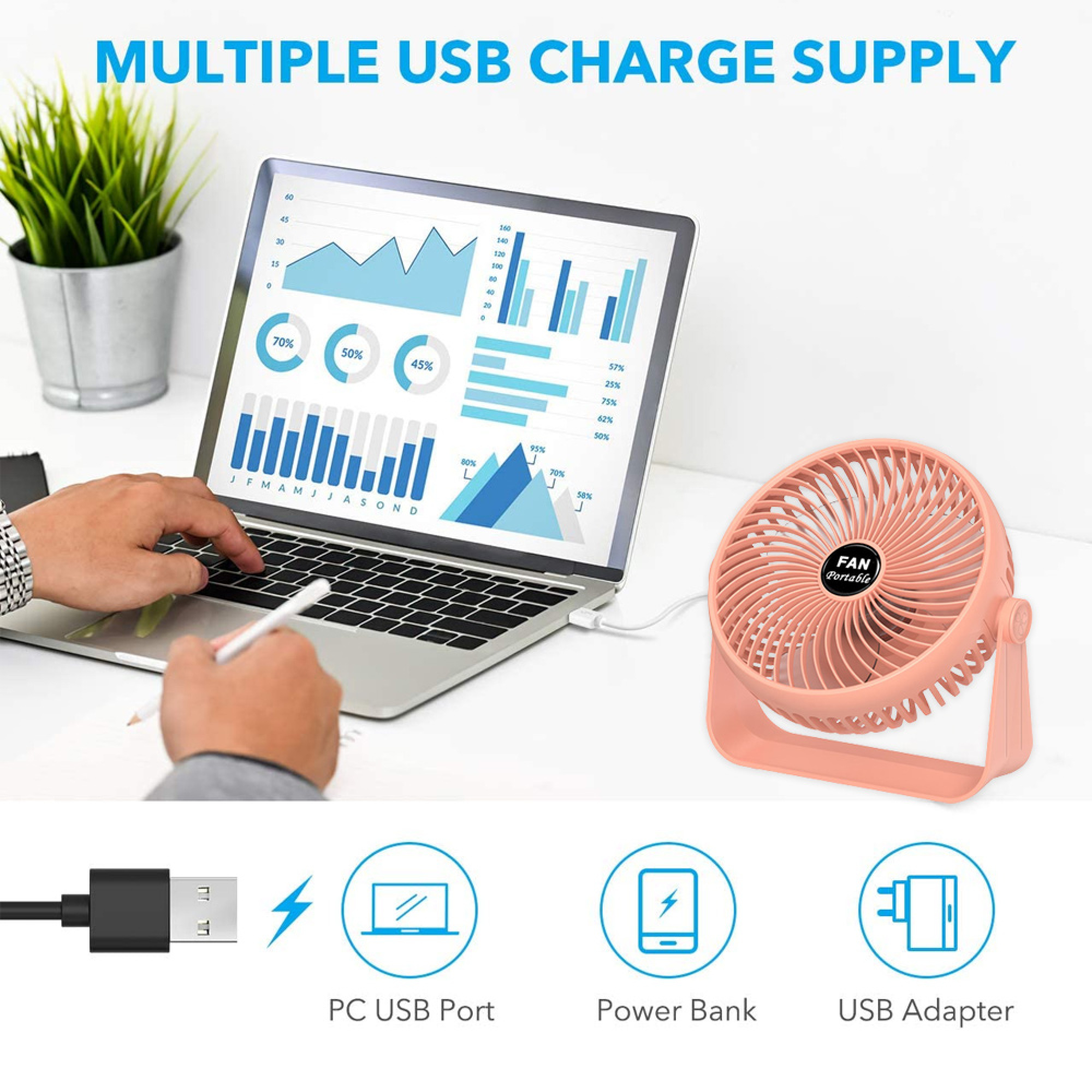 Ein rosa Ventilator ist an einen Laptop angeschlossen, der Diagramme anzeigt.