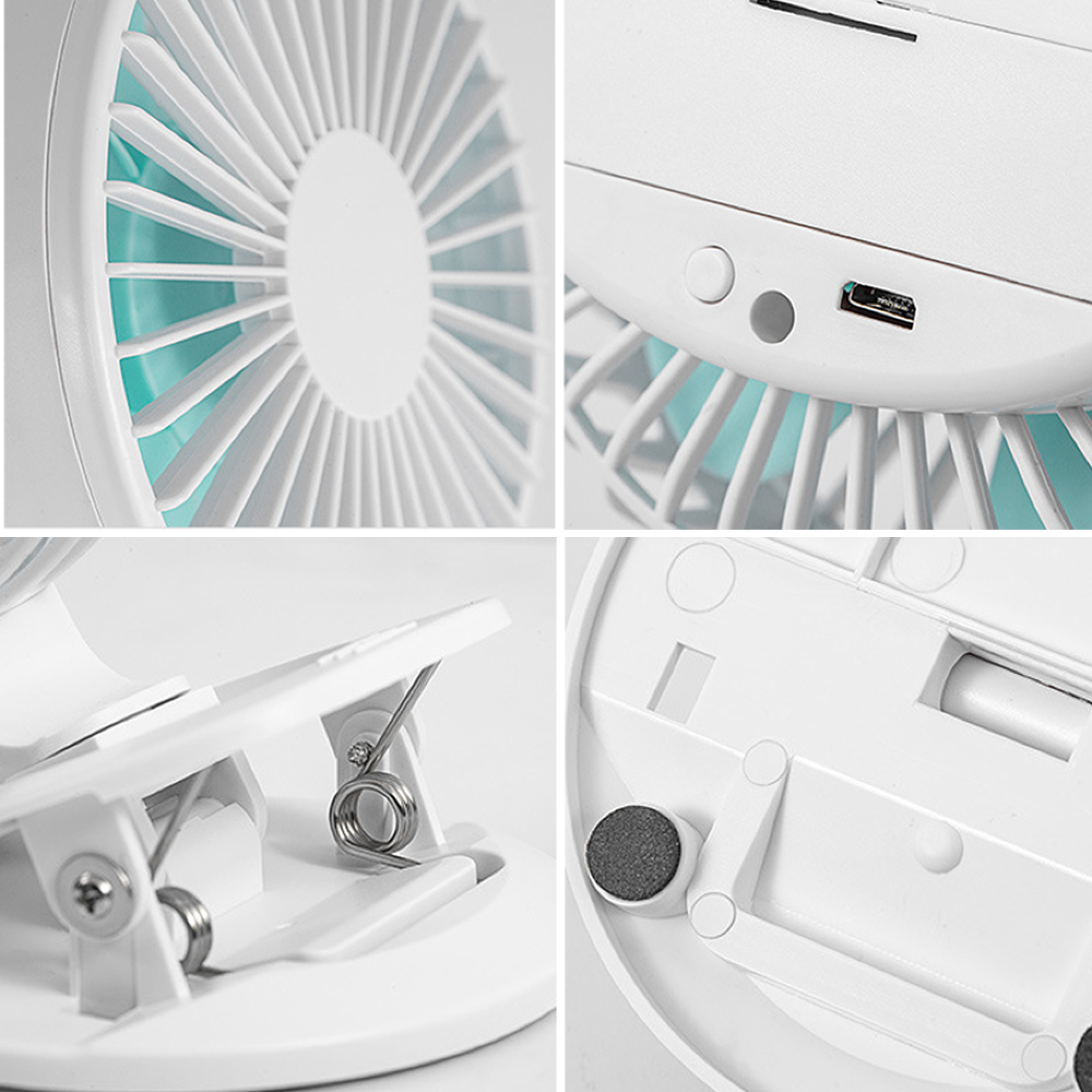 Nahaufnahme eines weißen Ventilators mit blauen Flügeln und USB-Anschluss.