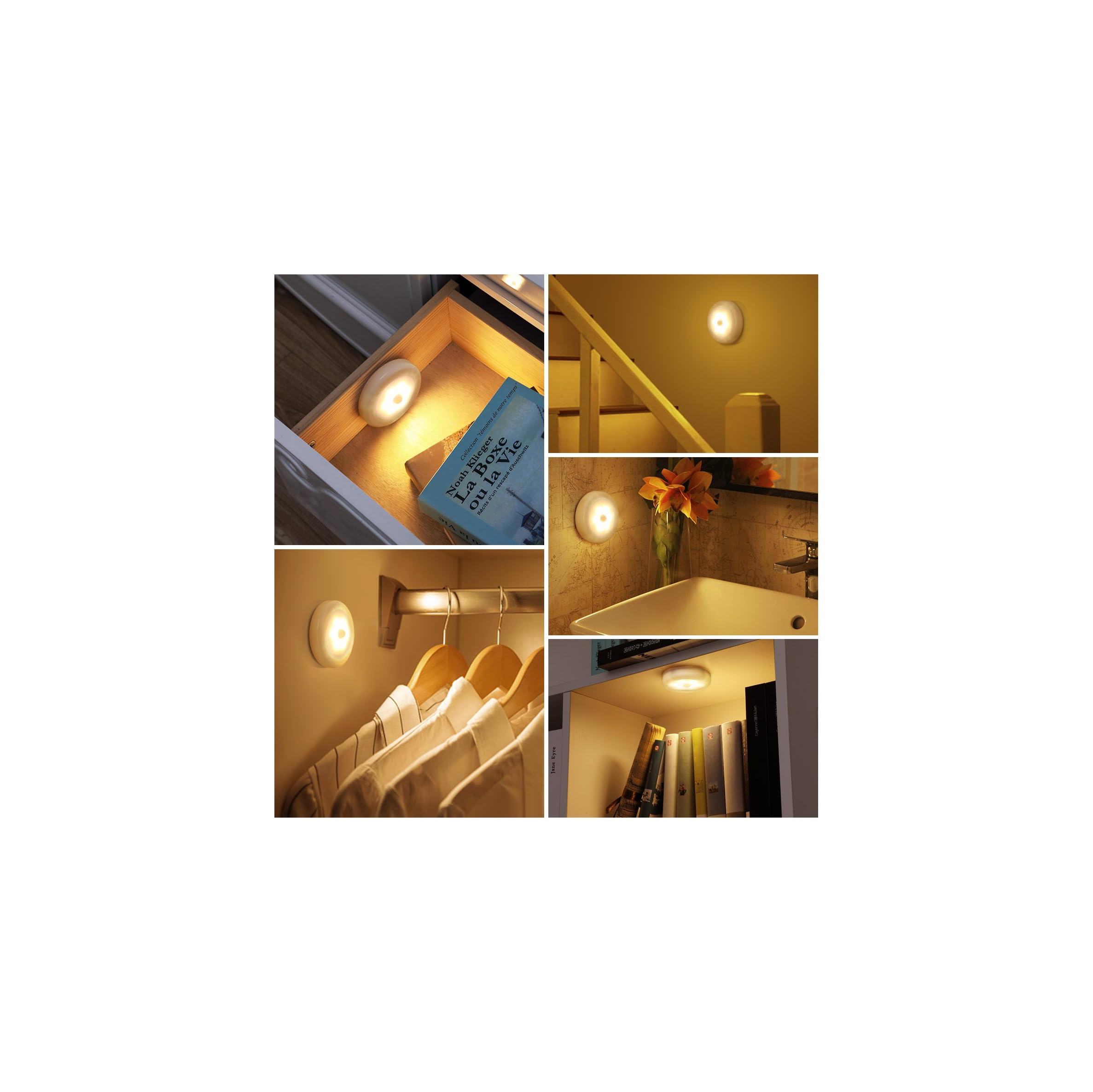 Einige Szenen zeigen kleine runde Lichter in einer Schublade, Treppe, Kleiderschrank und Regal.