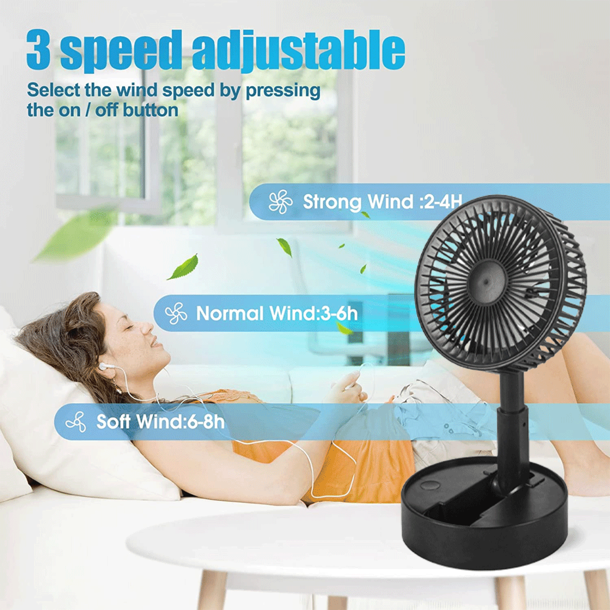Ein schwarzer Ventilator mit 3 Geschwindigkeiten steht neben einer liegenden Frau.