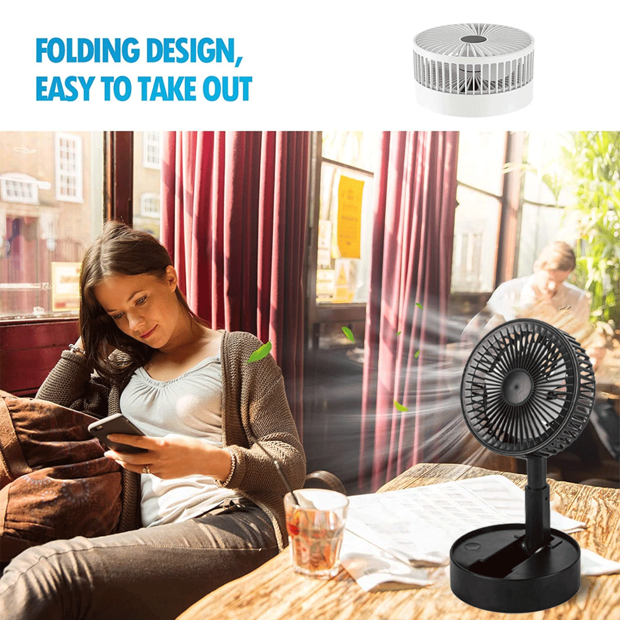 Eine Frau sitzt auf einer Couch und schaut auf ihr Handy. Ein Ventilator steht auf einem Tisch.