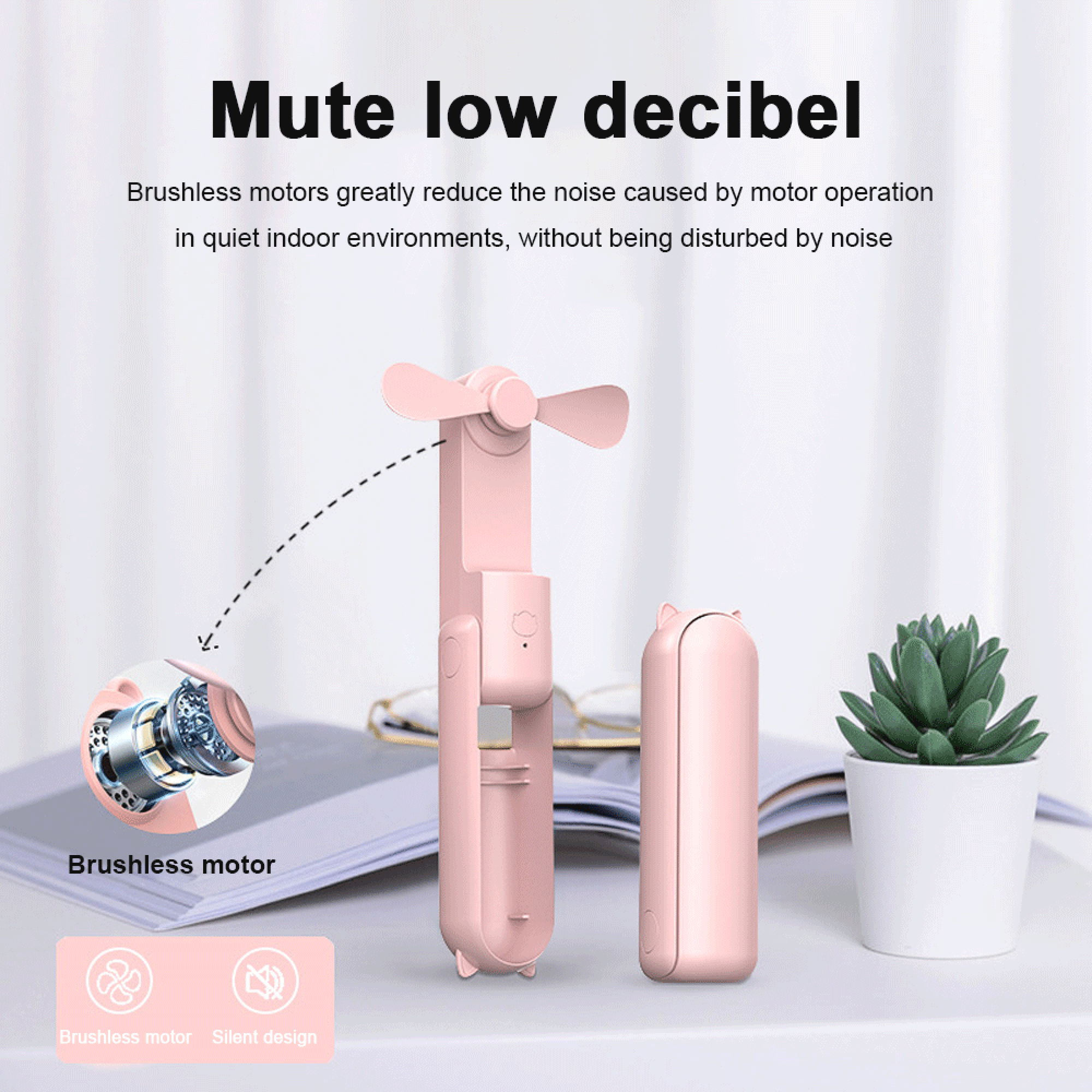 Pinker tragbarer Ventilator und Hülle auf Schreibtisch mit Pflanze. Zeigt bürstenlosen Motor.