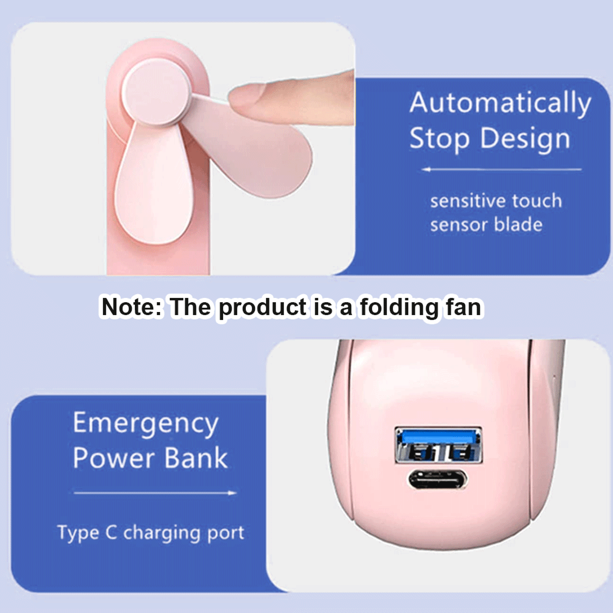 Ein rosafarbener faltbarer Ventilator mit USB-C-Anschluss und Notstromfunktion.