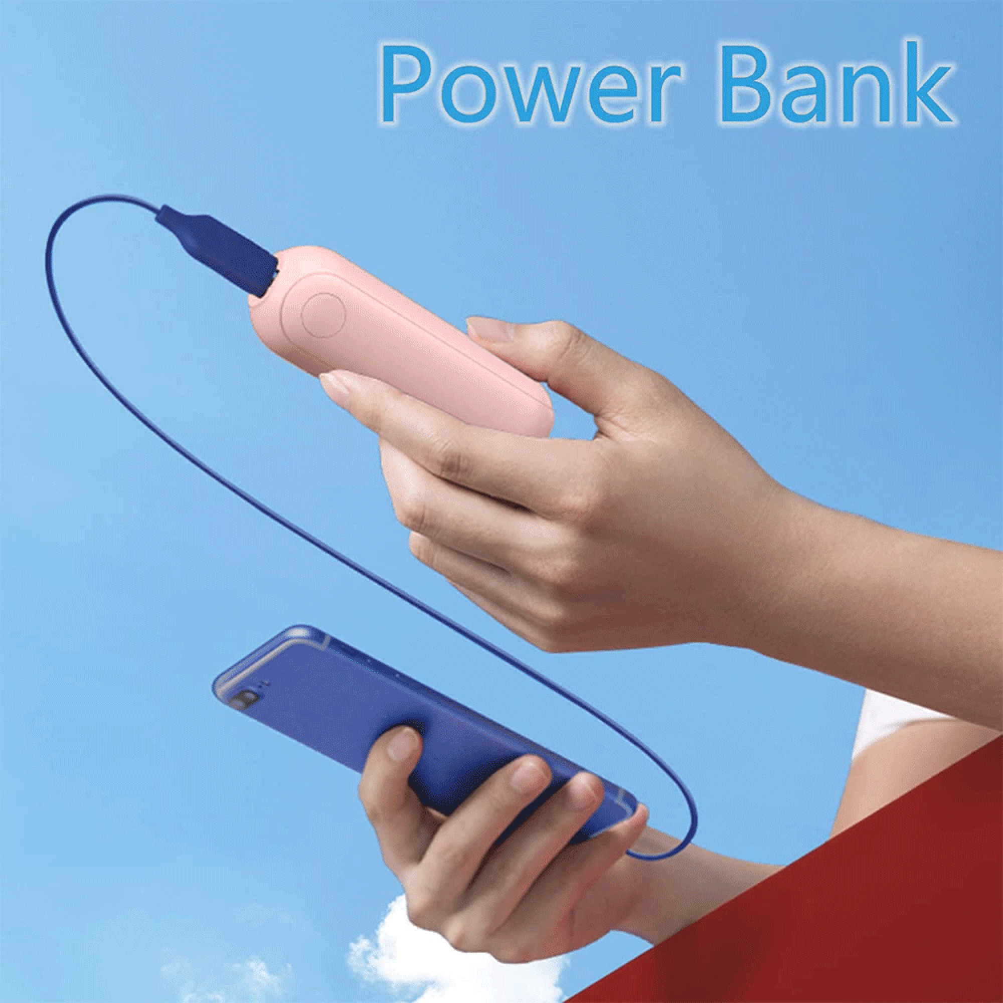 Eine rosafarbene Powerbank verbindet sich mit einem blauen Handy vor einem Himmel.