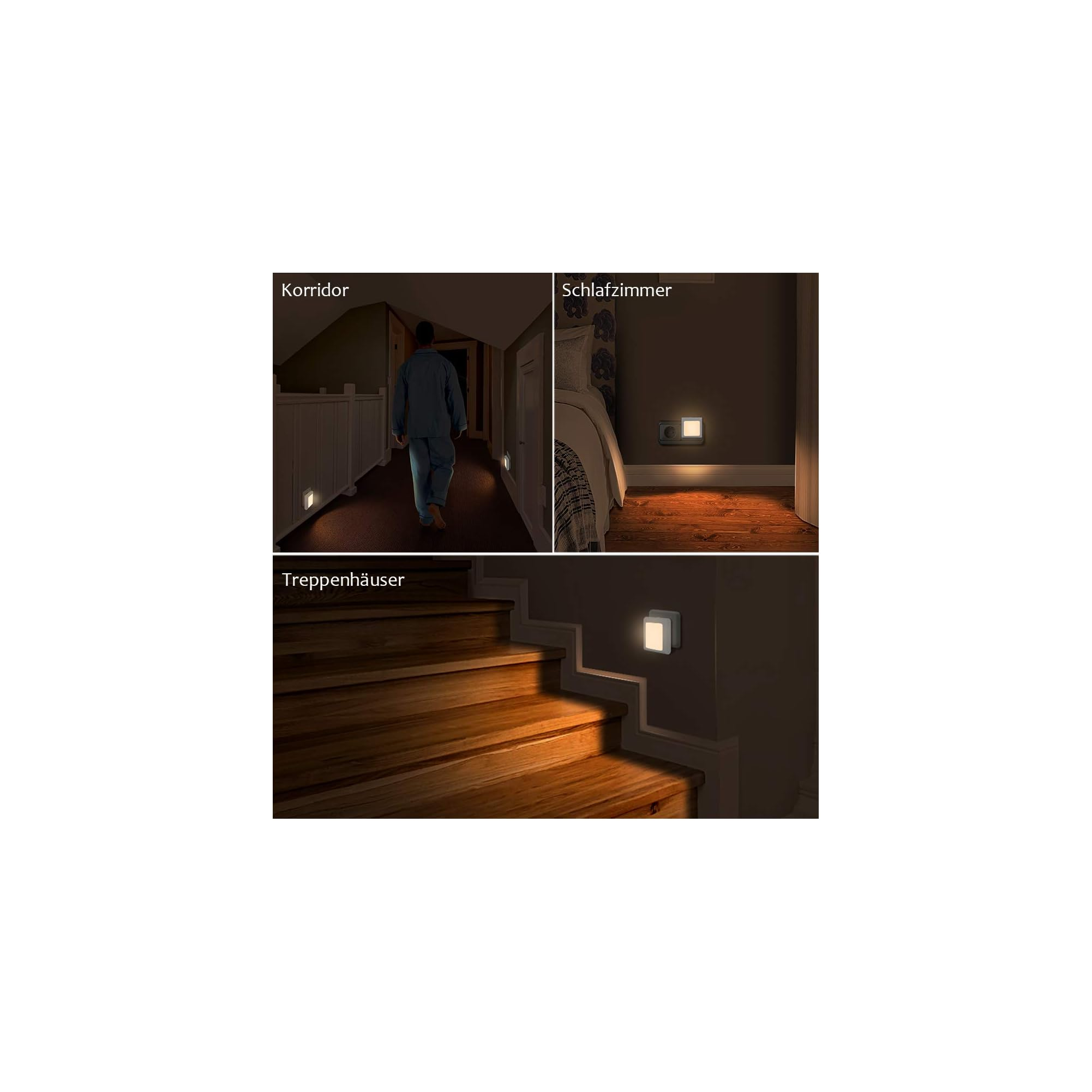 Ein Mann im Korridor, ein Schlafzimmer, eine Treppe. Nachtlichter leuchten.