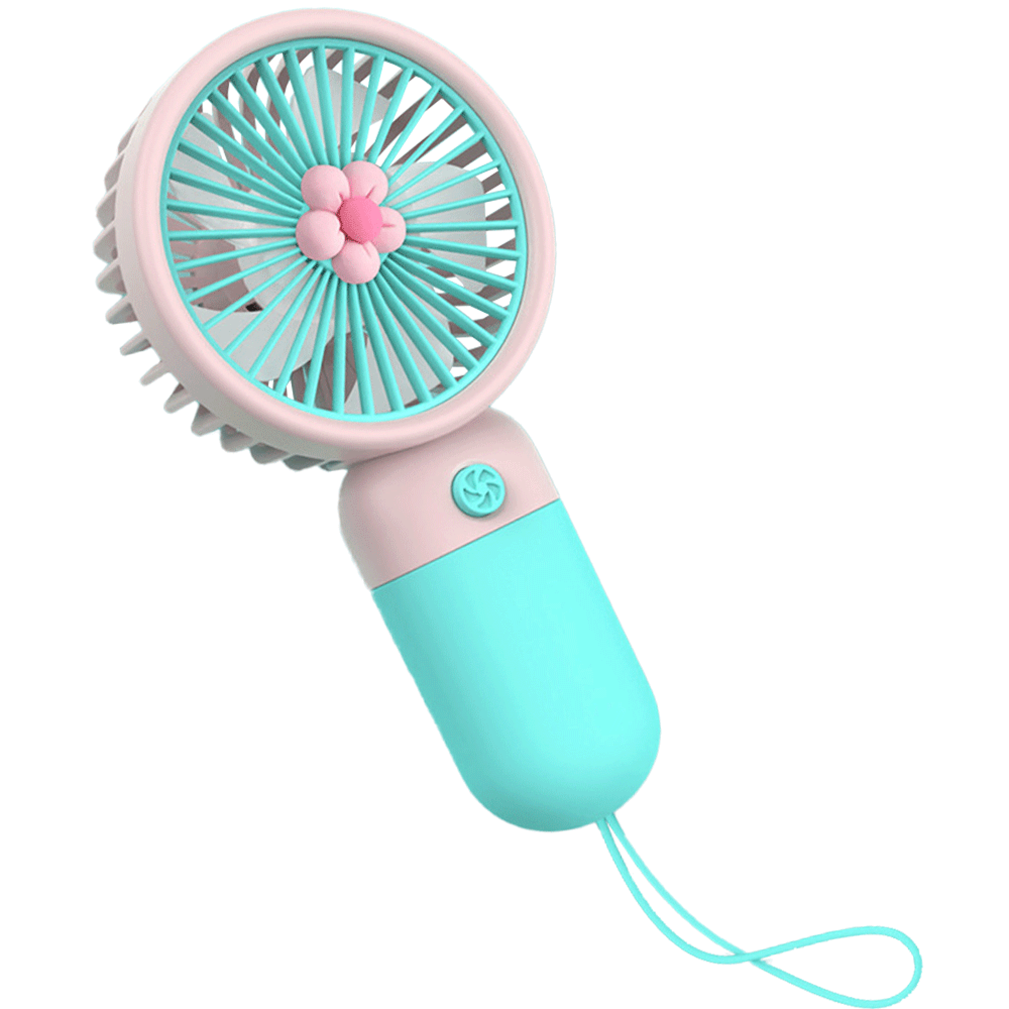 Ein tragbarer Ventilator in Rosa und Türkis mit Blumenmuster und Schnur.