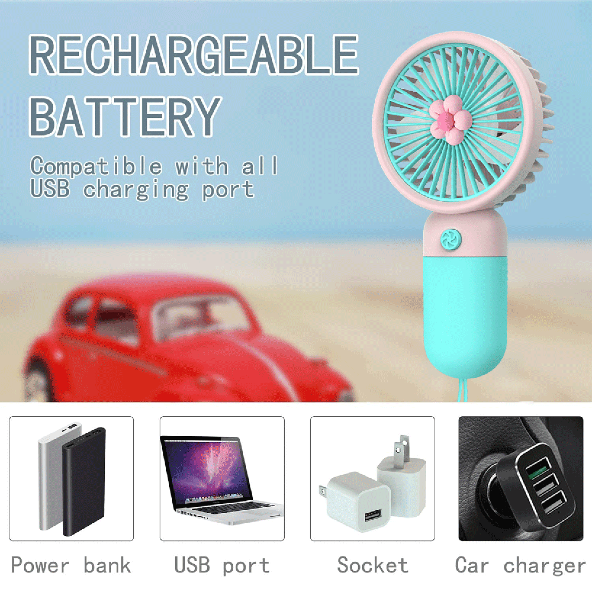 Ein kleiner Ventilator mit rosa und mintgrünen Details, der neben einem roten Spielzeugauto steht.