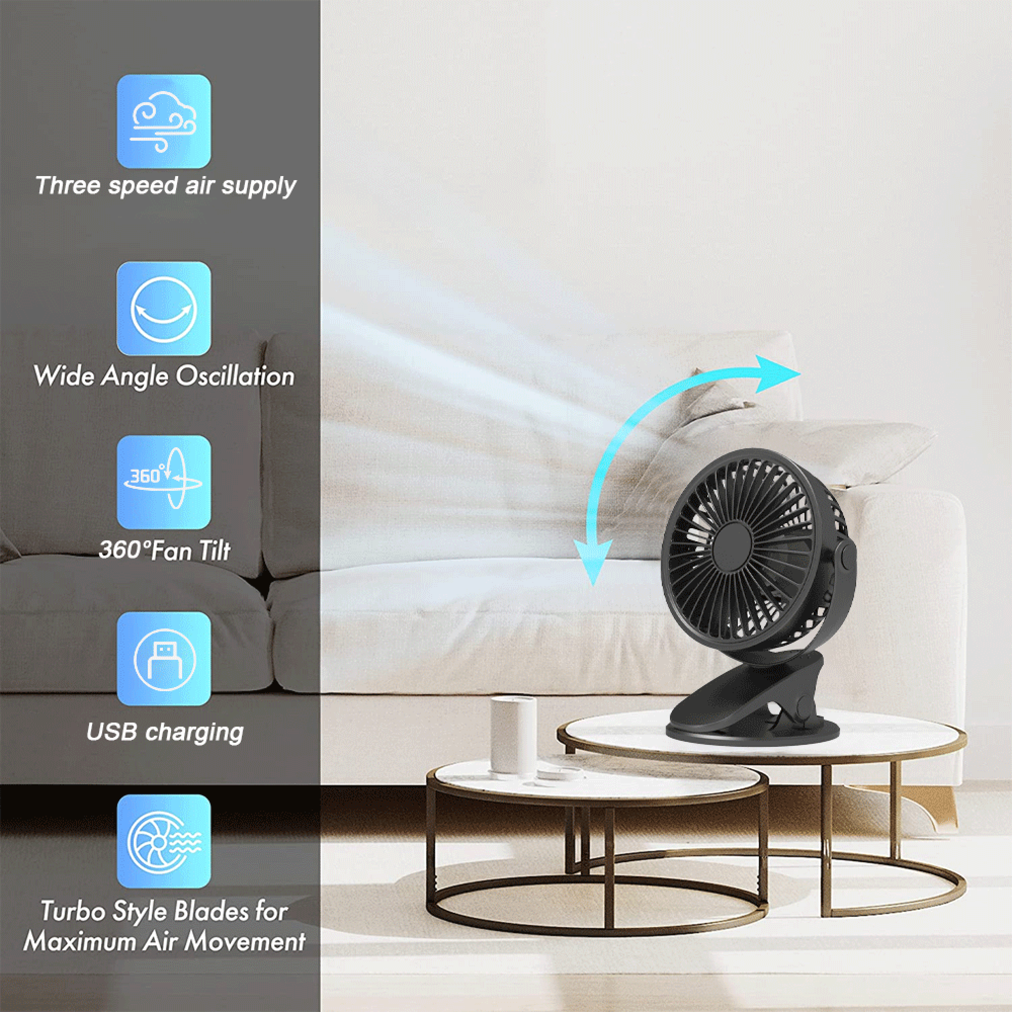 Kleiner schwarzer Ventilator mit Clip auf einem Tisch, mit Icons für Funktionen.