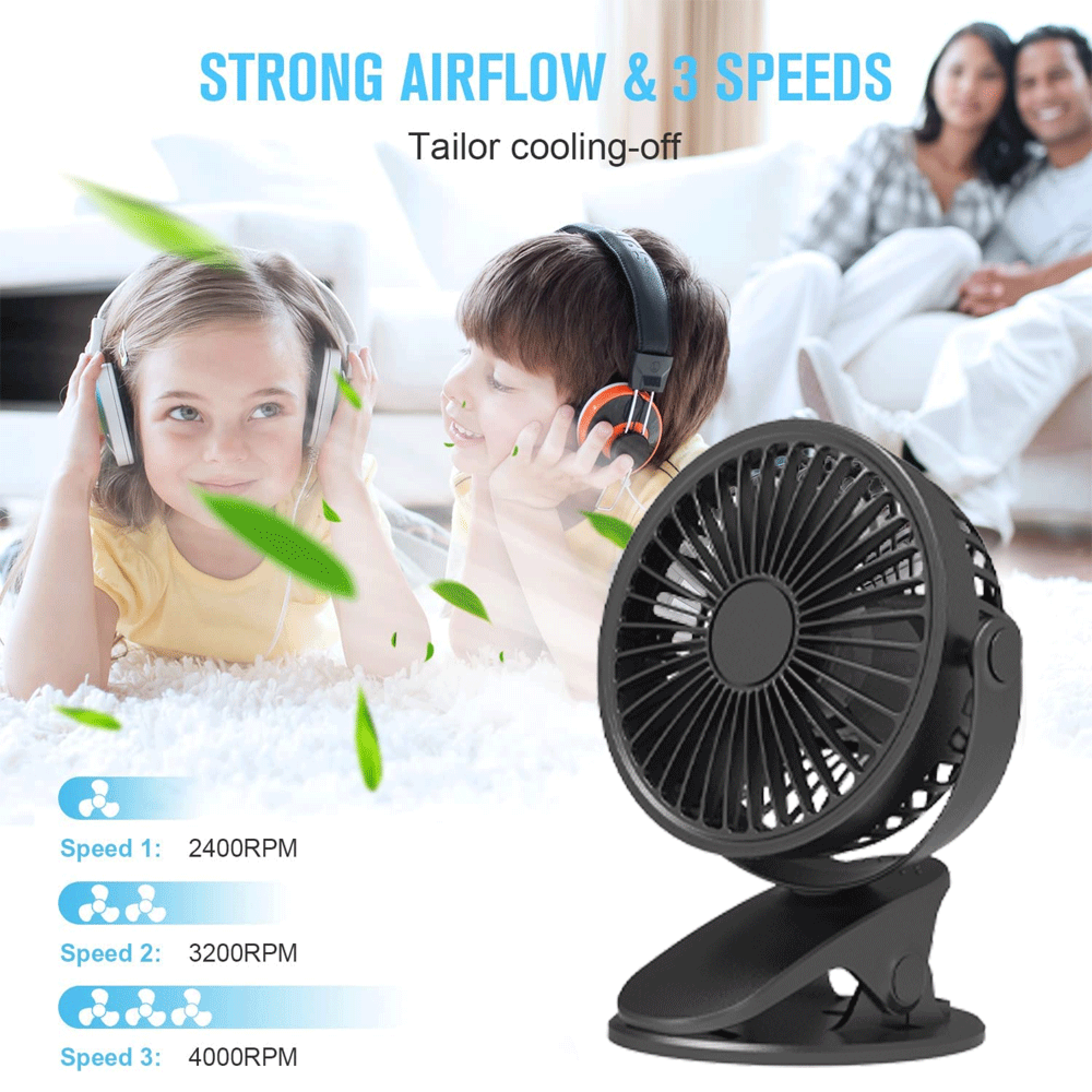 Ein schwarzer Ventilator mit drei Geschwindigkeiten, daneben Kinder mit Kopfhörern.