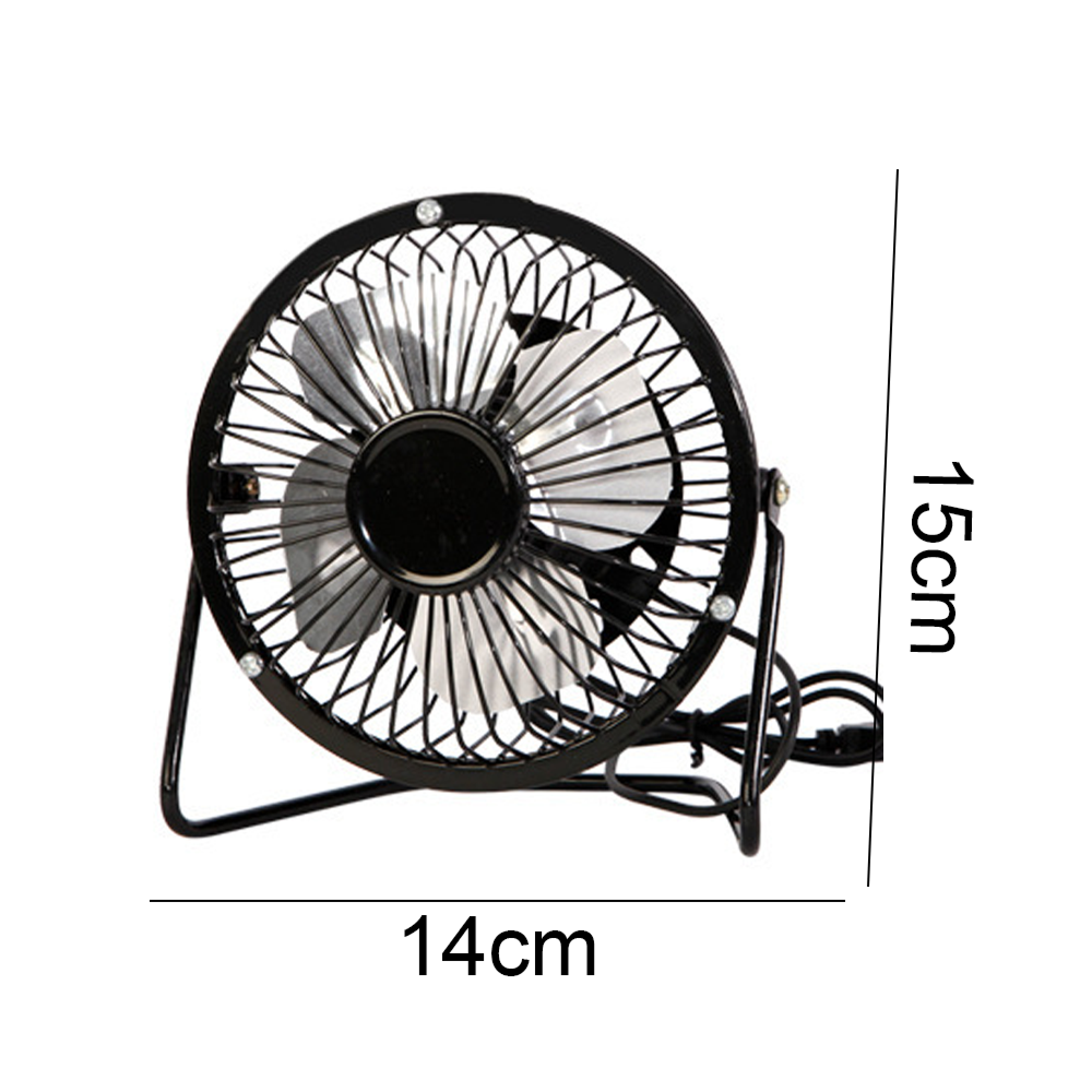Ein schwarzer 14cm breiter, 15cm hoher USB-Ventilator mit Metallgitter.