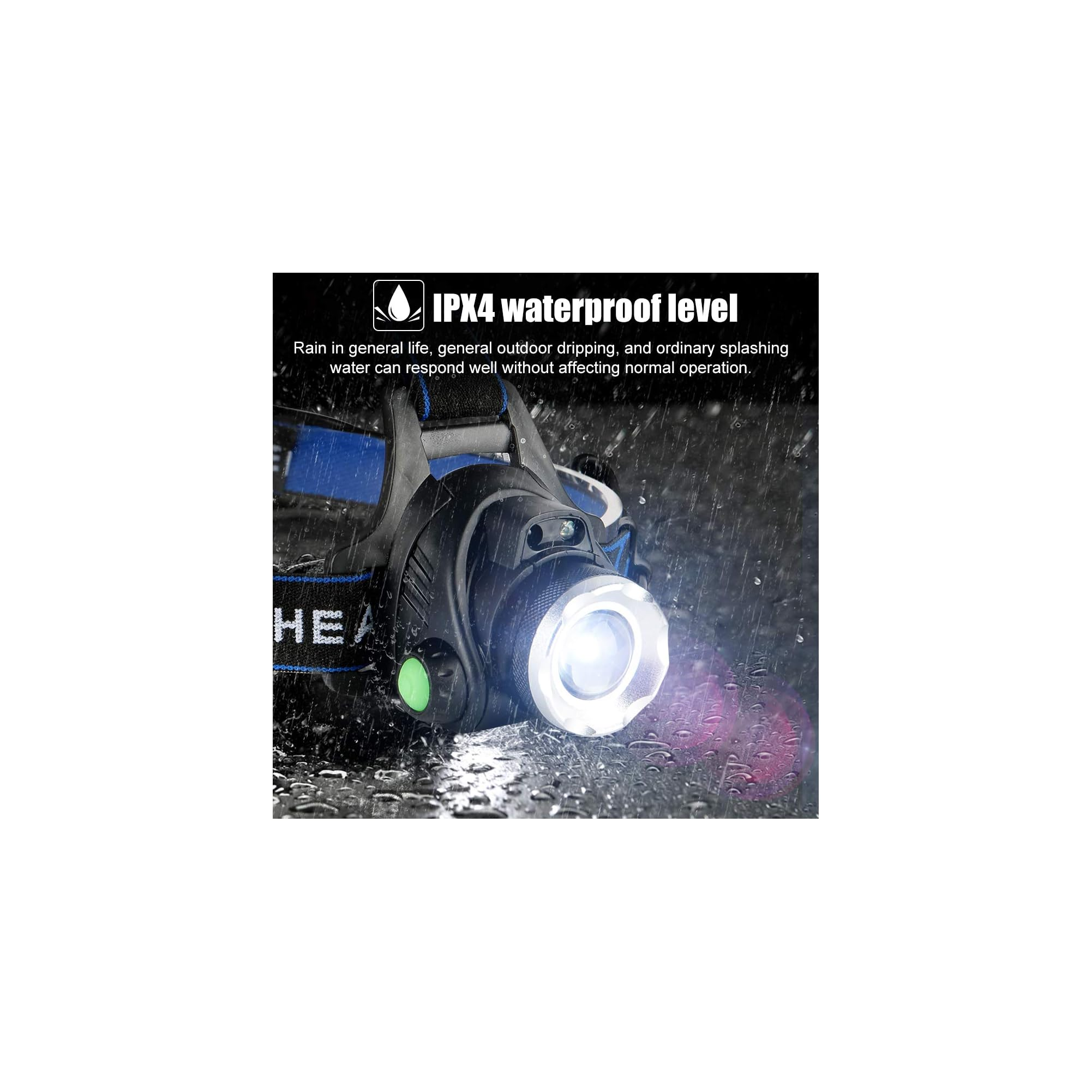 Stirnlampe mit IPX4 Wasserschutz, leuchtet hell im Regen.