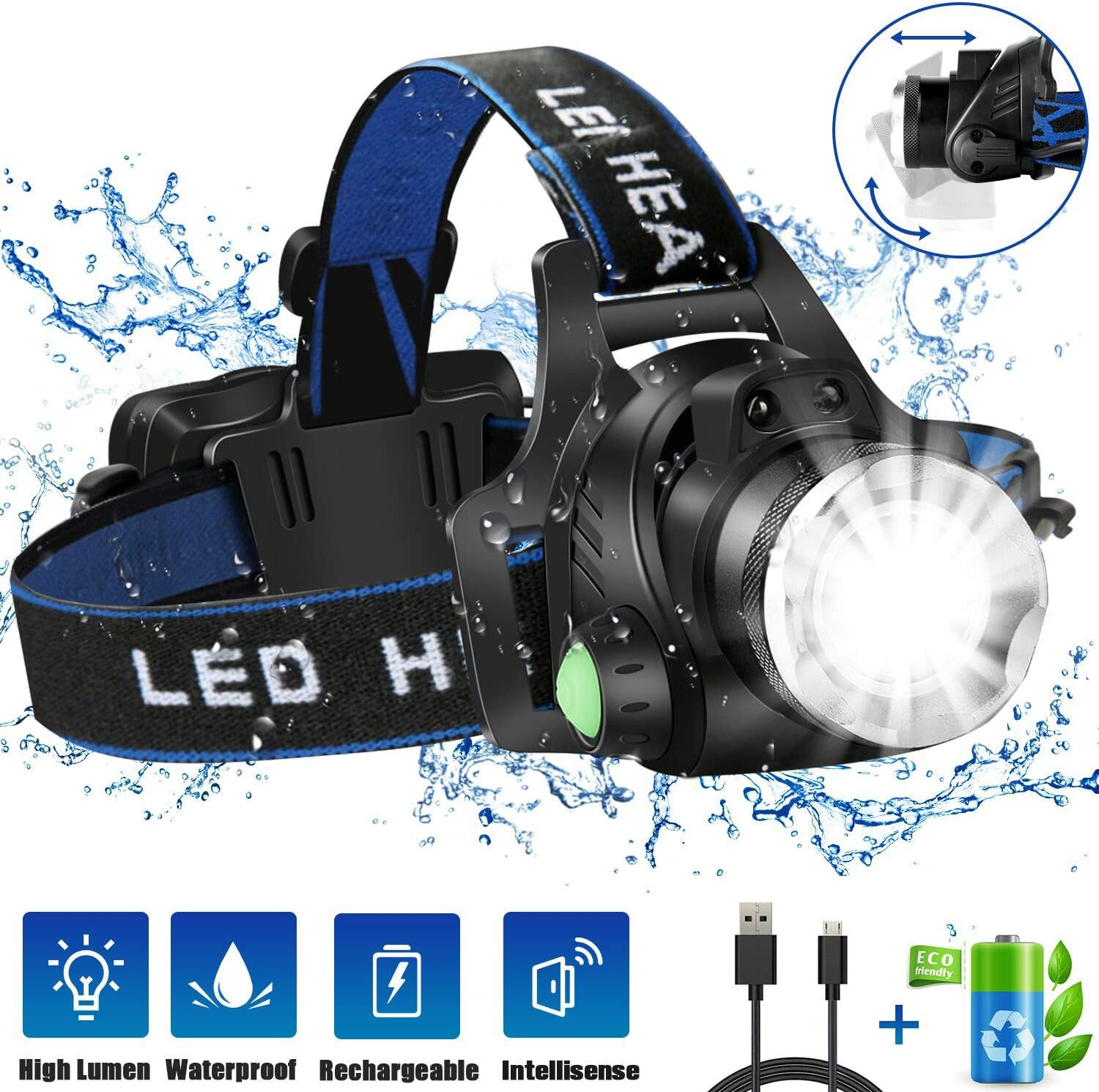 Wasserdichter LED-Strahler mit blauem Band, USB-Kabel und Akku-Symbol.
