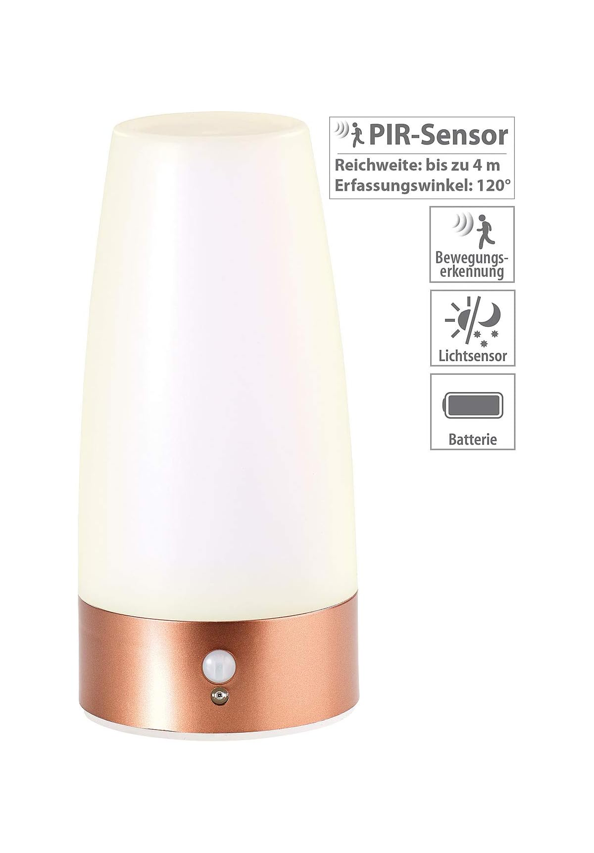 Eine Nachttischlampe mit PIR-Sensor, Bewegungserkennung, Lichtsensor und Batterie.