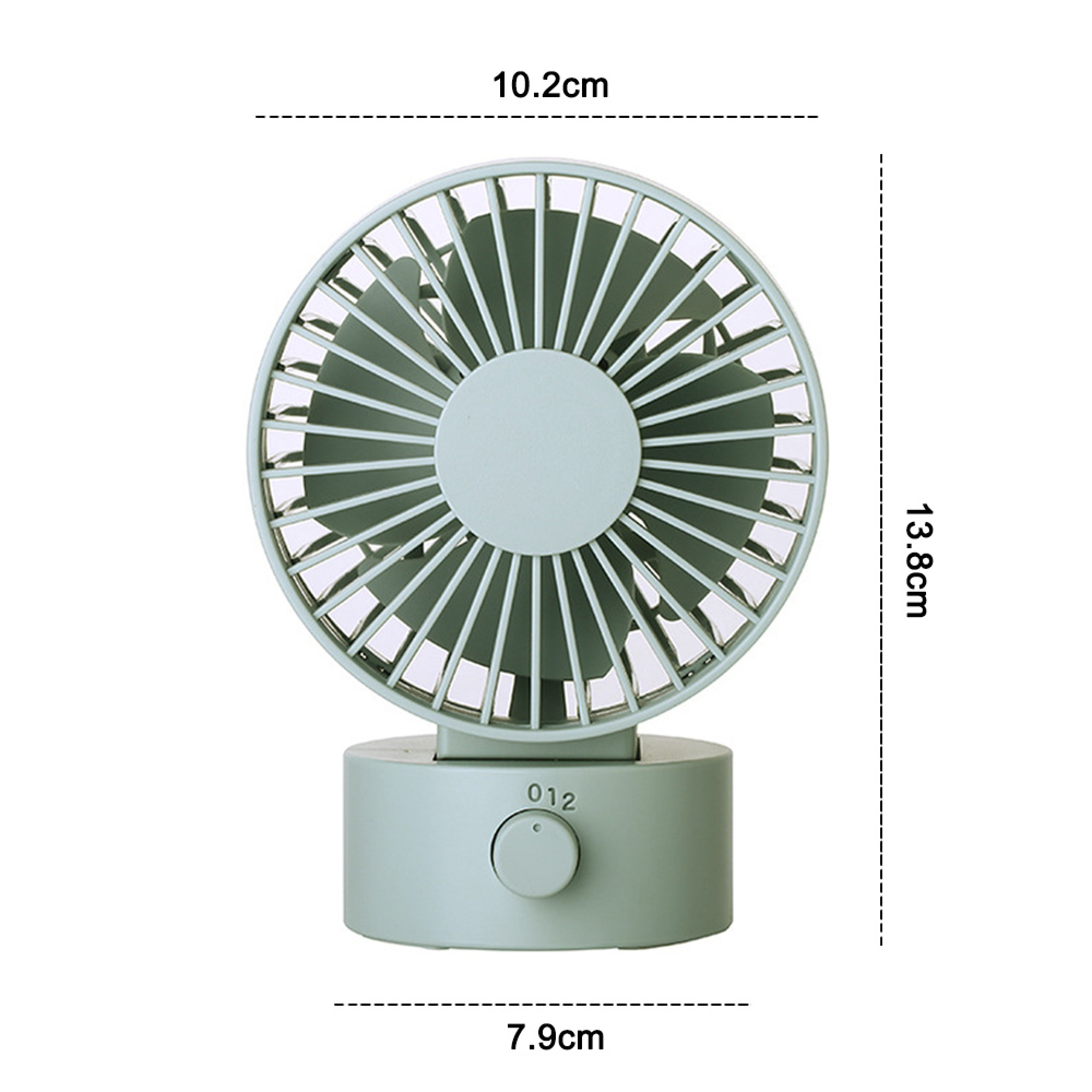 Ein kleiner, hellgrüner Ventilator mit einem runden Bedienfeld und Geschwindigkeitsstufen.
