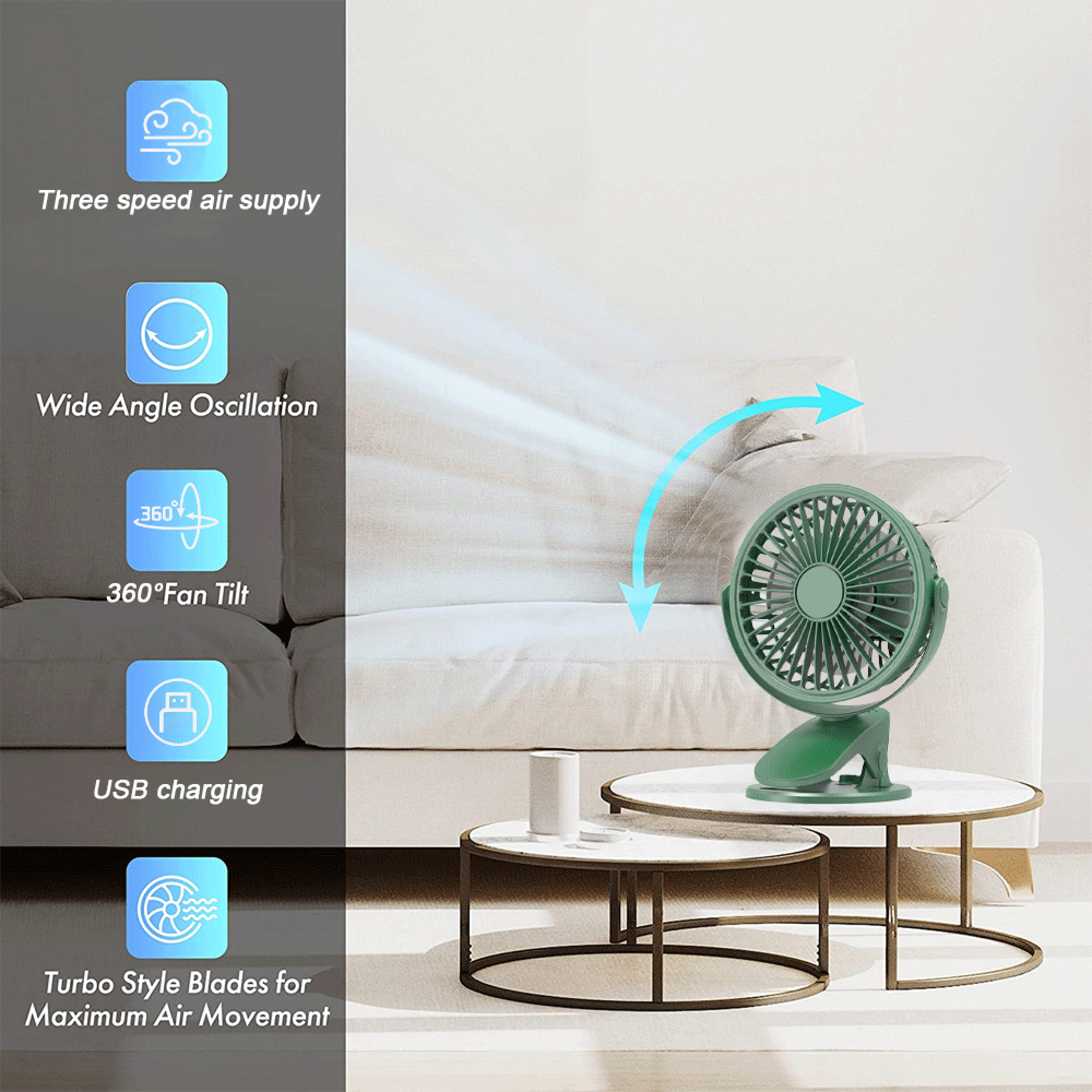 Grüner Ventilator mit Klemmfuß auf Couchtisch. Links sind Icons für Luftzufuhr, Oszillation, Neigung und USB.