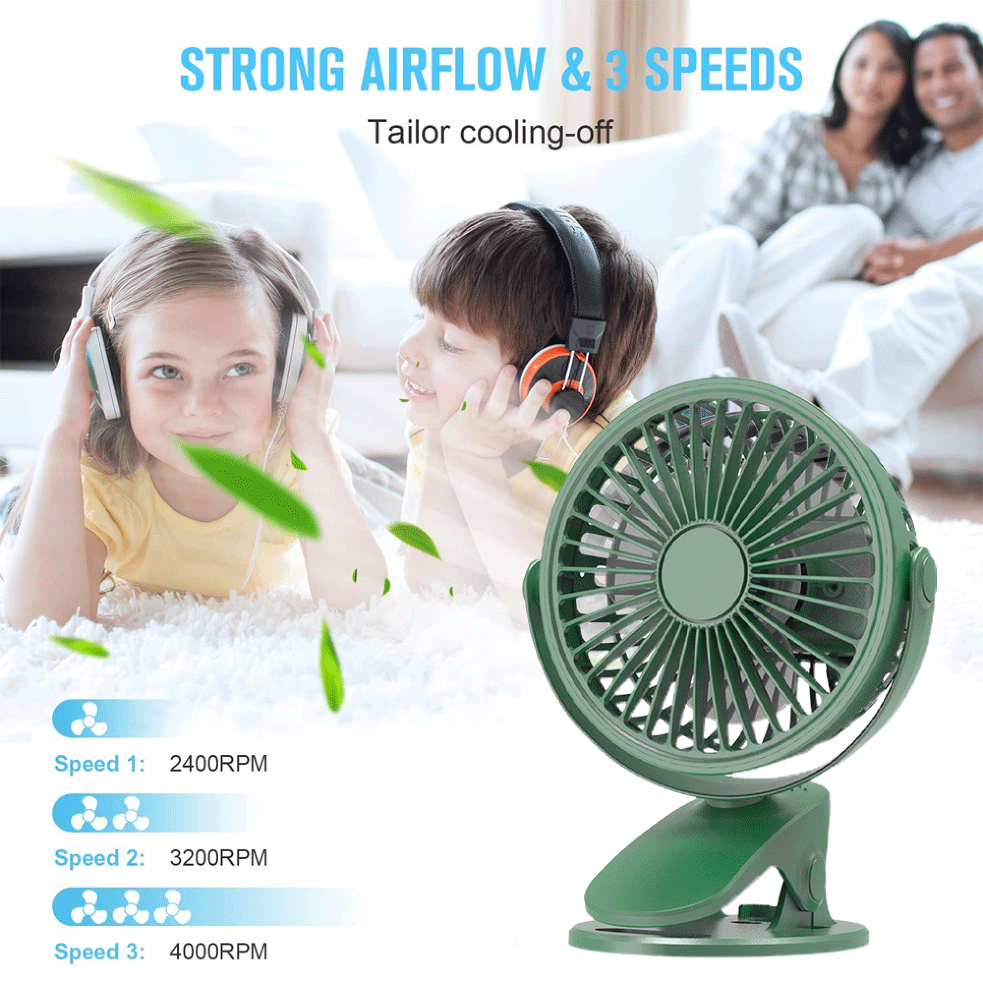 Grüner Ventilator mit starkem Luftstrom und 3 Geschwindigkeiten, neben Kindern mit Kopfhörern.