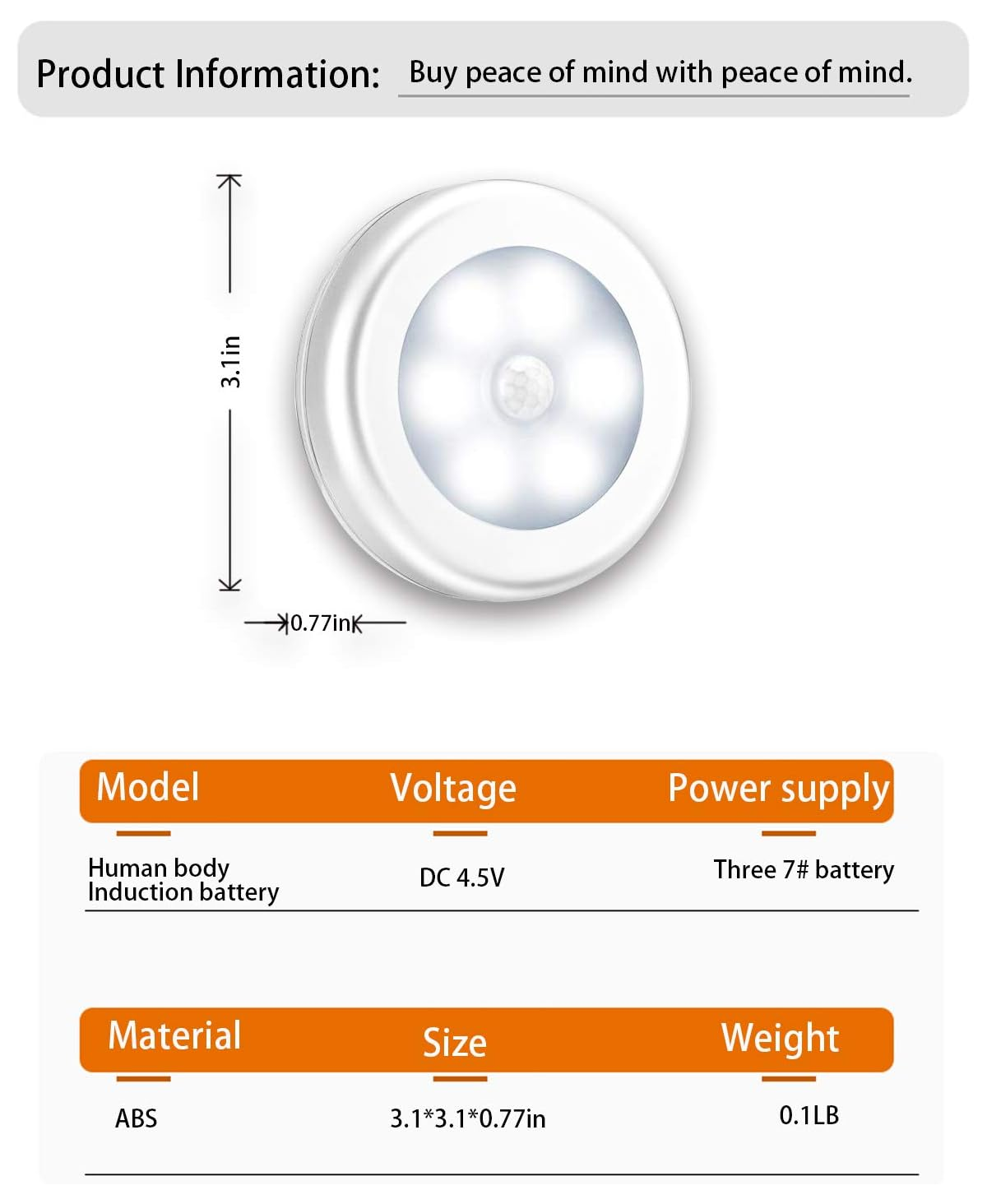Weiße LED-Bewegungsmelderleuchte, 3,1 Zoll Durchmesser, 0,77 Zoll Dicke. ABS-Material.