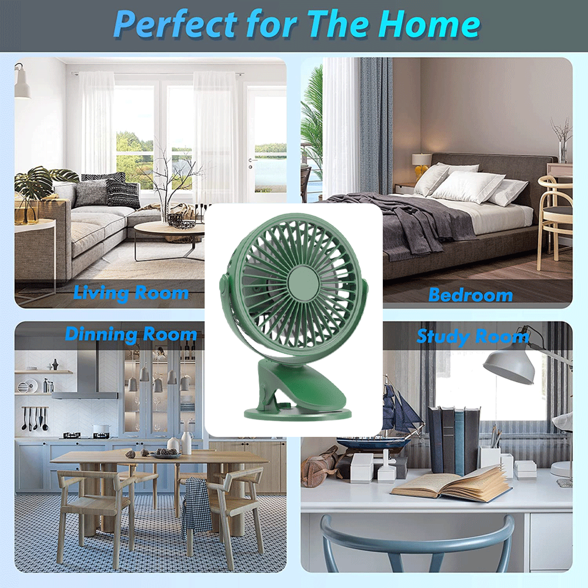 Grüner Clip-Ventilator vor Collagen aus Wohnzimmer, Schlafzimmer, Esszimmer, Arbeitszimmer.