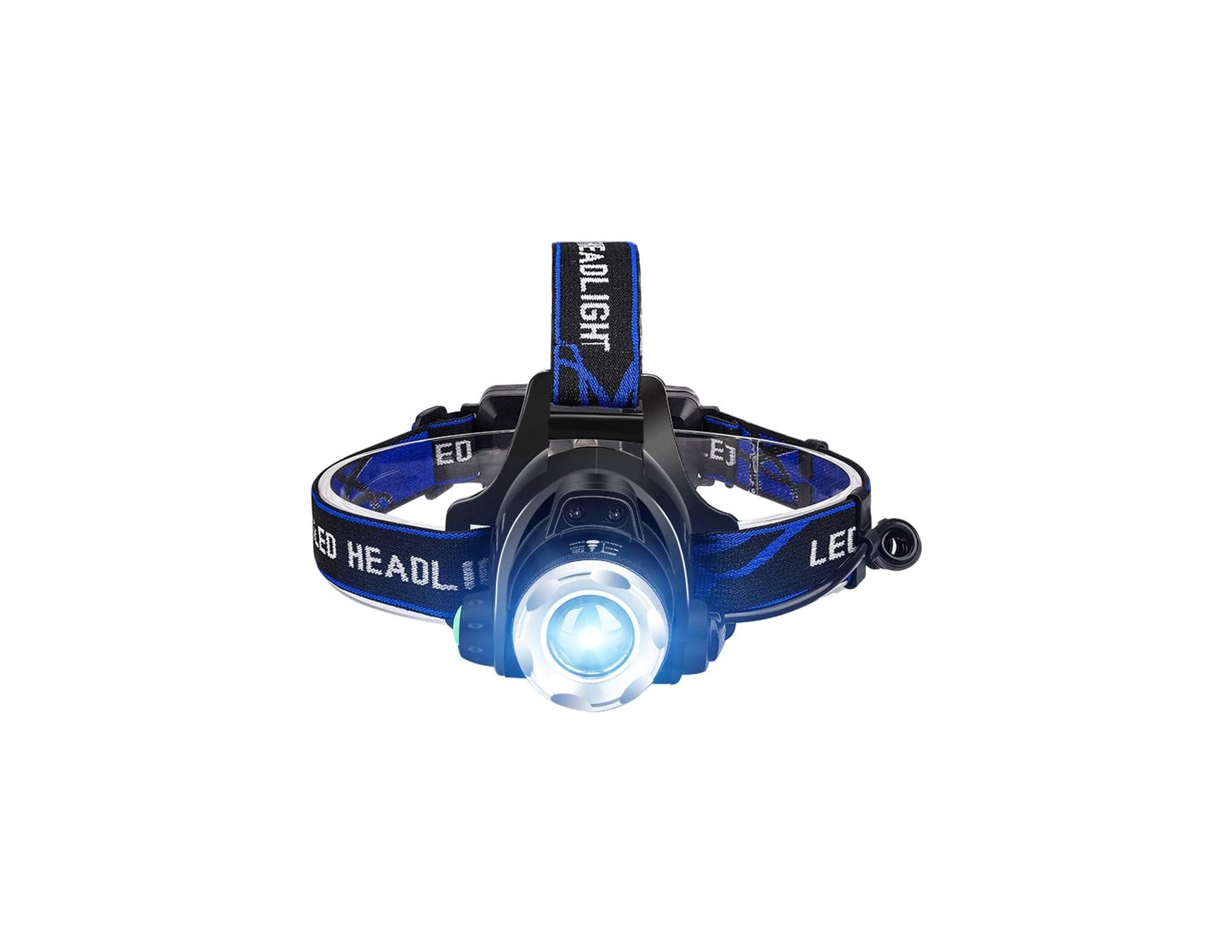 Schwarzer Stirnlampe mit blau-schwarzem Band, das 