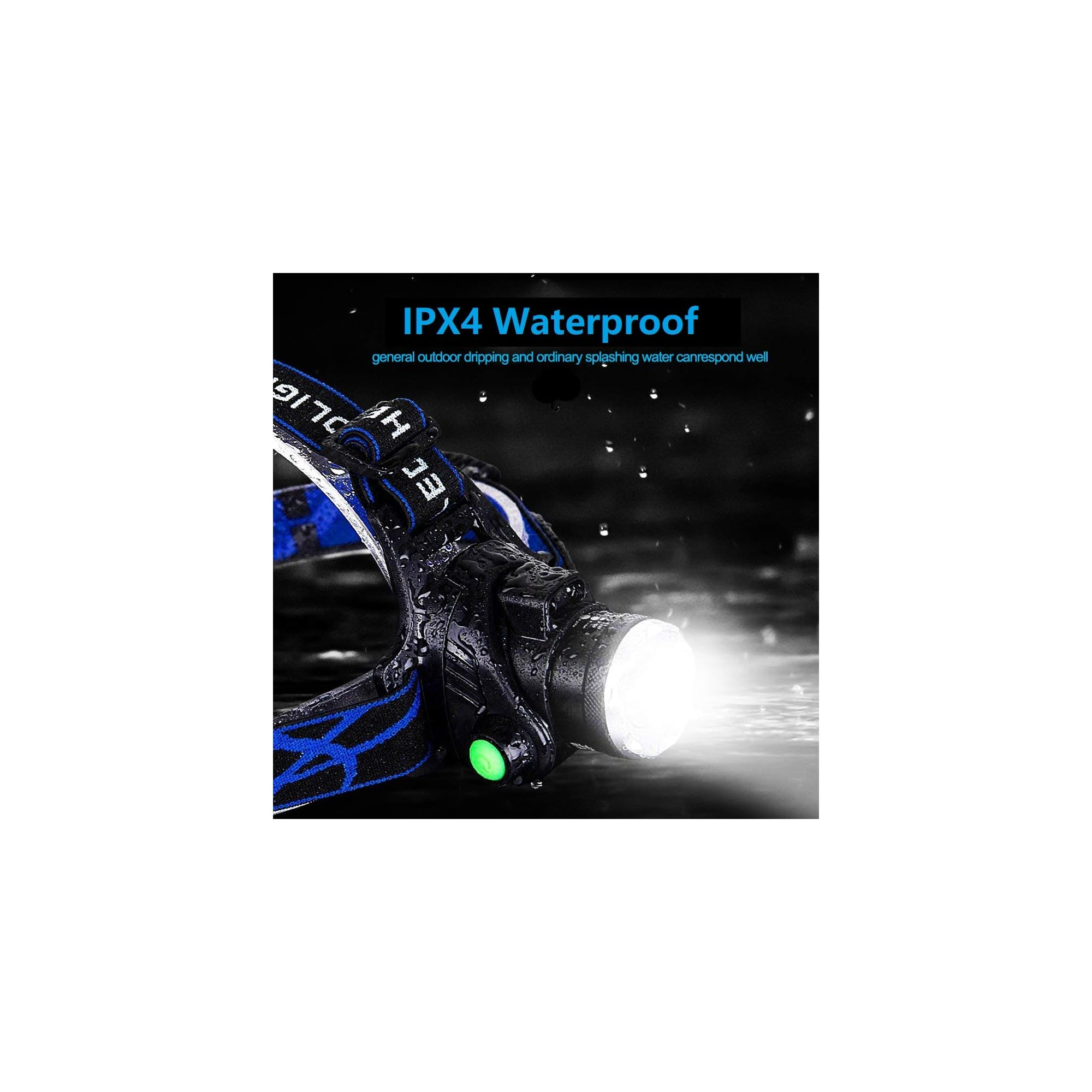 Wasserdichte Stirnlampe mit blau-schwarzem Band, leuchtendem Licht und Tropfen.