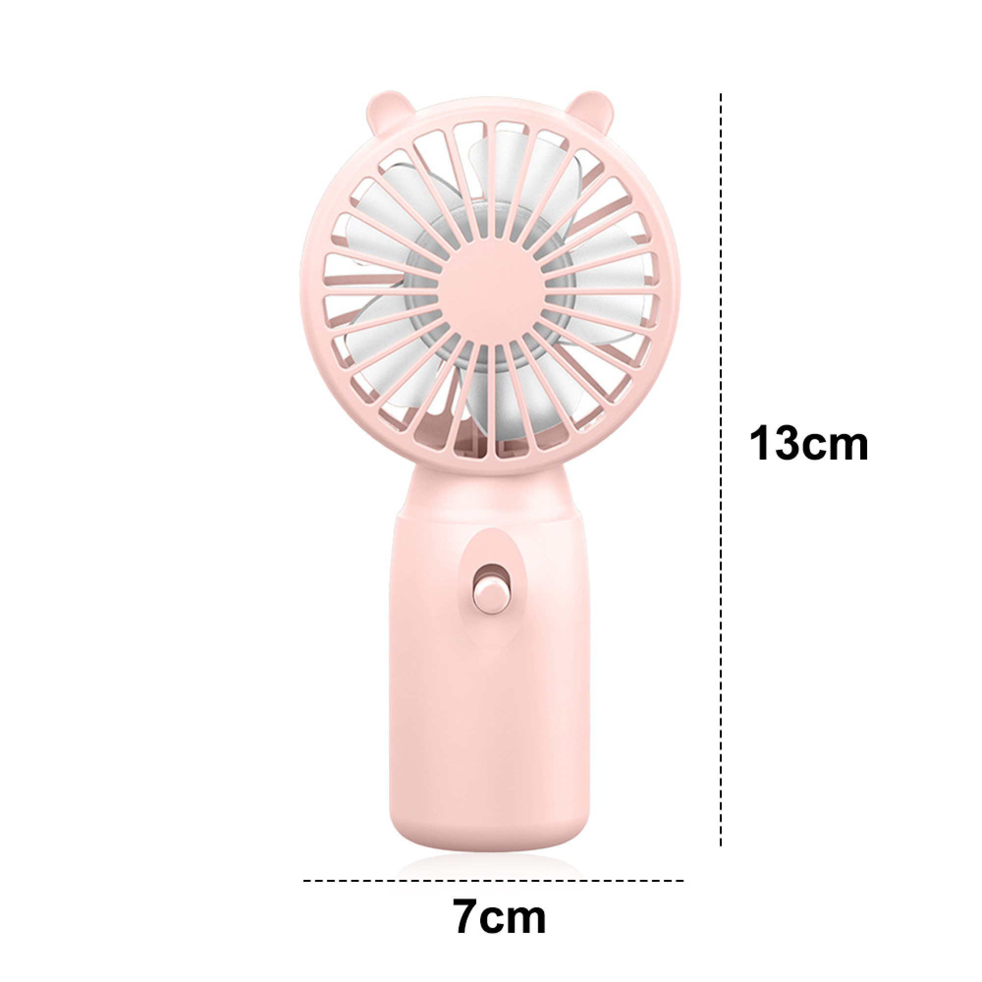 Ein rosafarbener Mini-Ventilator mit zwei Ohren und weißen Rotorblättern. Maße 13x7cm.