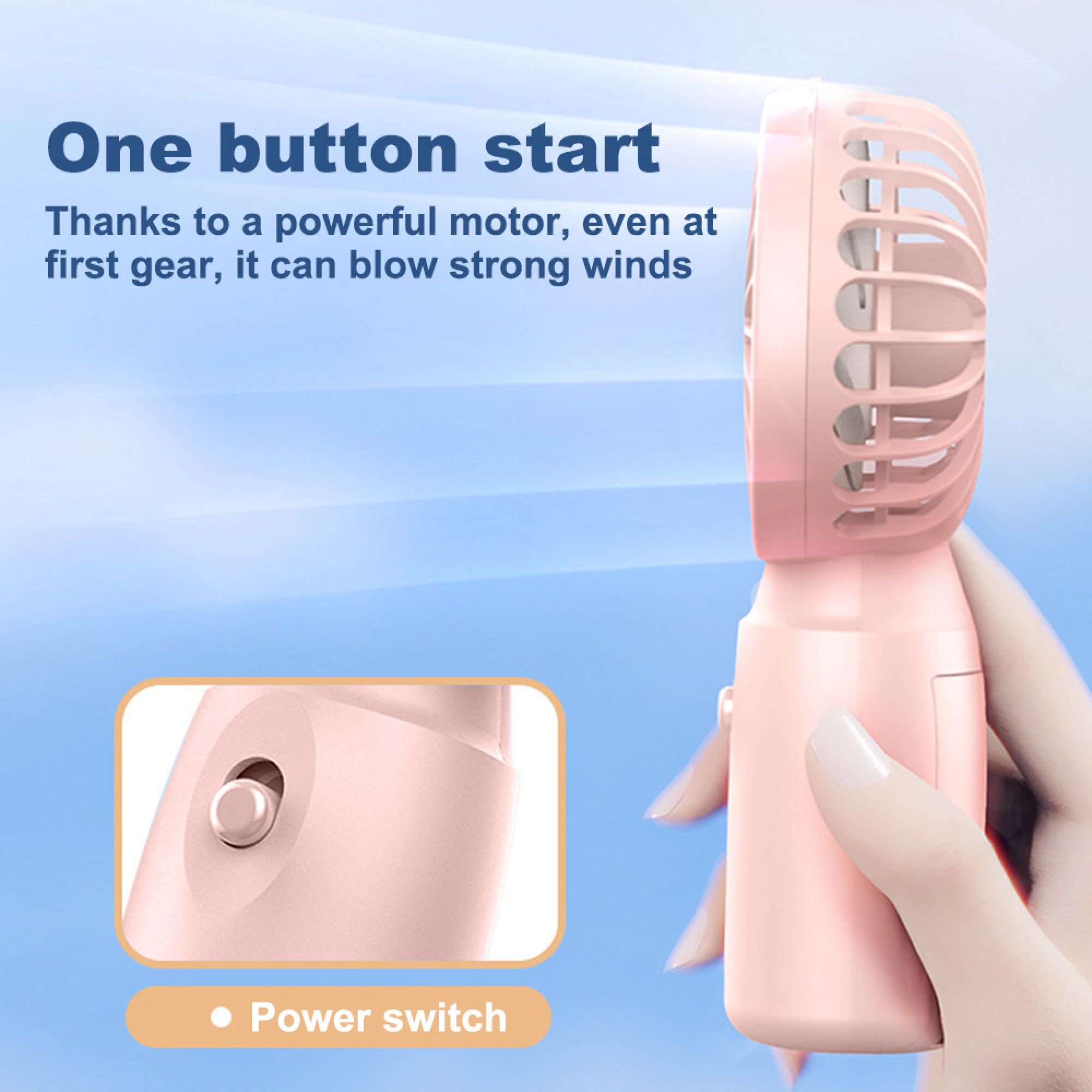 Eine Hand hält einen rosa Ventilator mit einem Schalter und Text.
