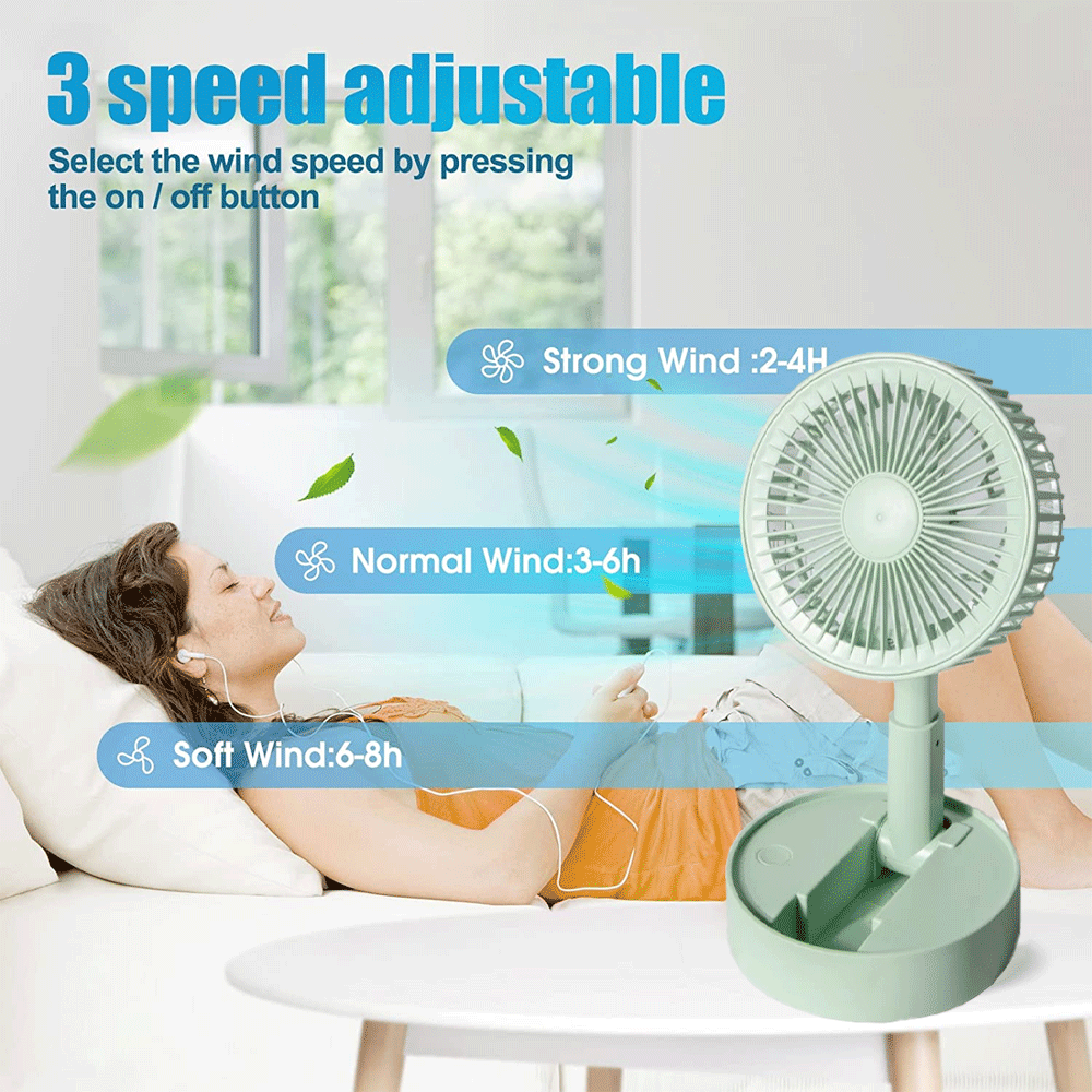 Ein Ventilator mit 3 Geschwindigkeiten, der eine Frau auf einem Sofa kühlt.