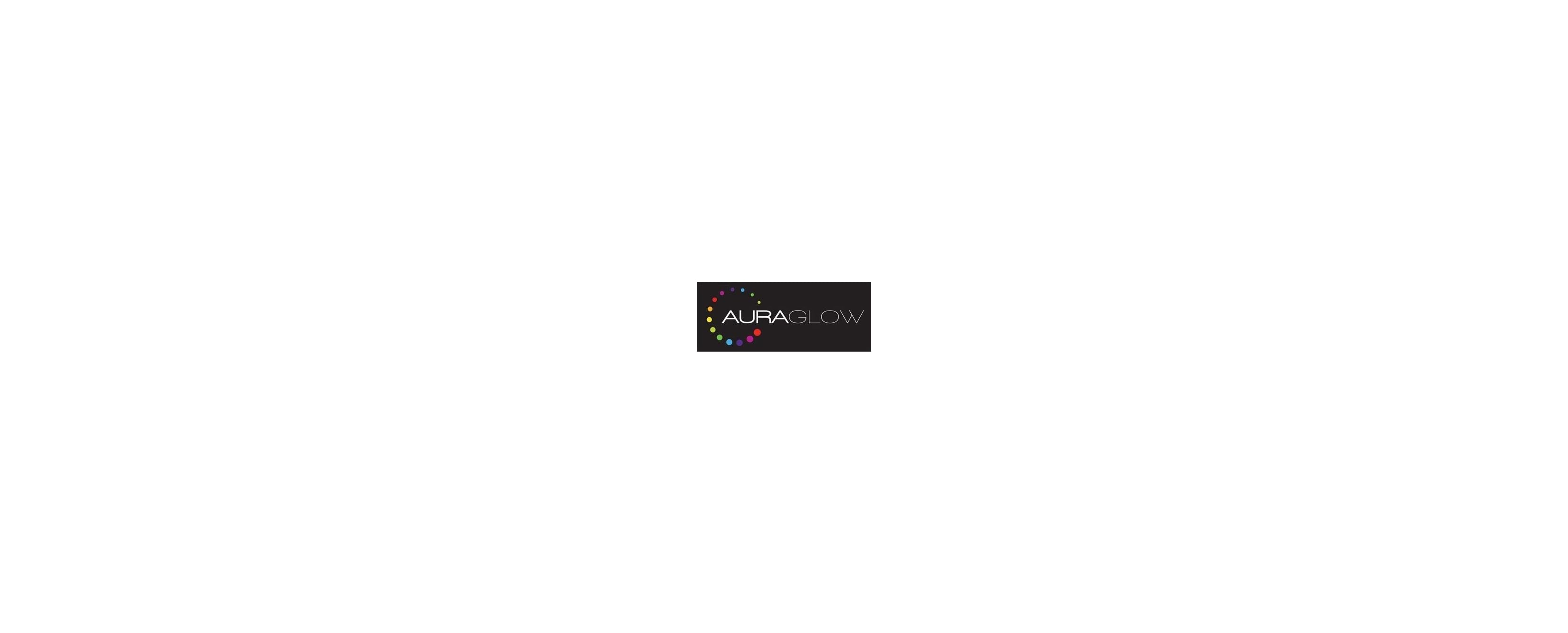 Logo mit farbigem Kreis und Text AURAGLOW auf schwarzem Hintergrund.