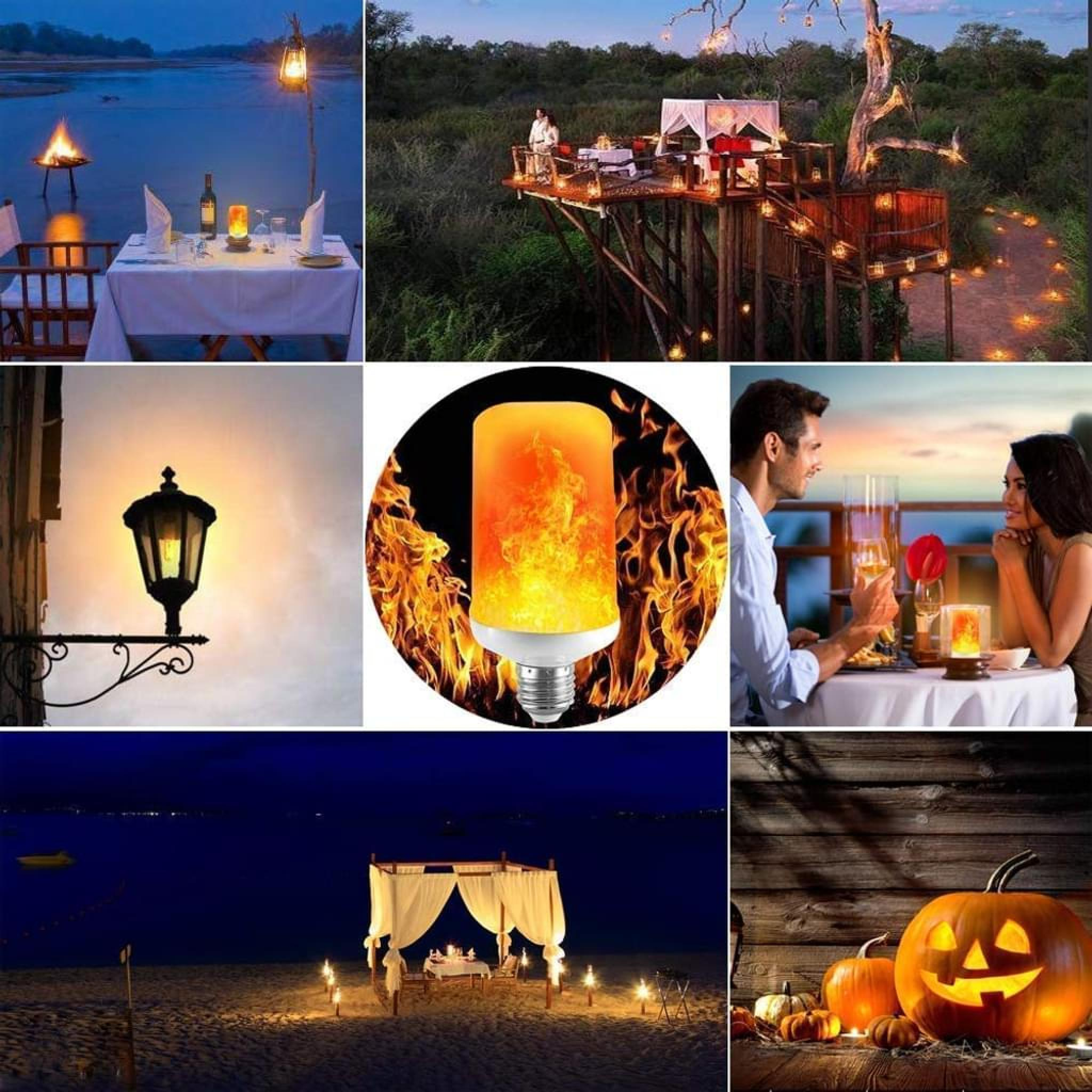 Collage romantischer Kulissen: Stranddinner, Baumhaus-Dinner, Glühbirne, Lampe, Paar.