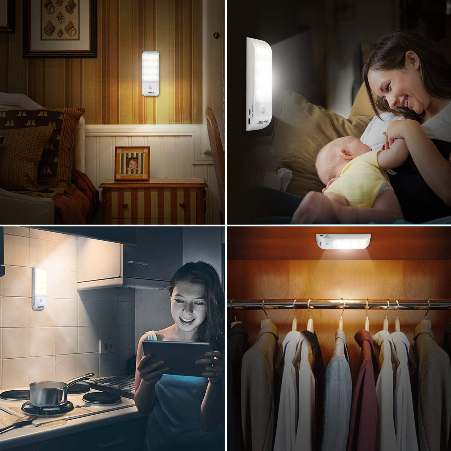 Collage aus 4 Szenen: Licht an Wand, Mutter & Baby, Mädchen mit Tablet, Schranklicht.