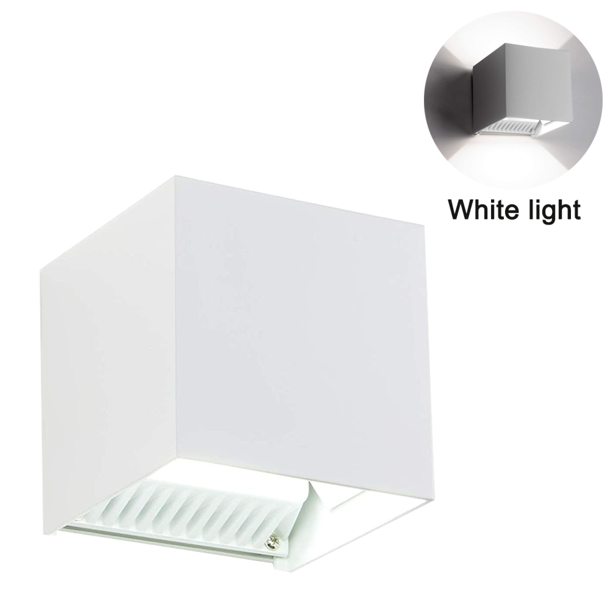 Ein weier, kubischer Wandleuchter mit LED-Beleuchtung nach unten.