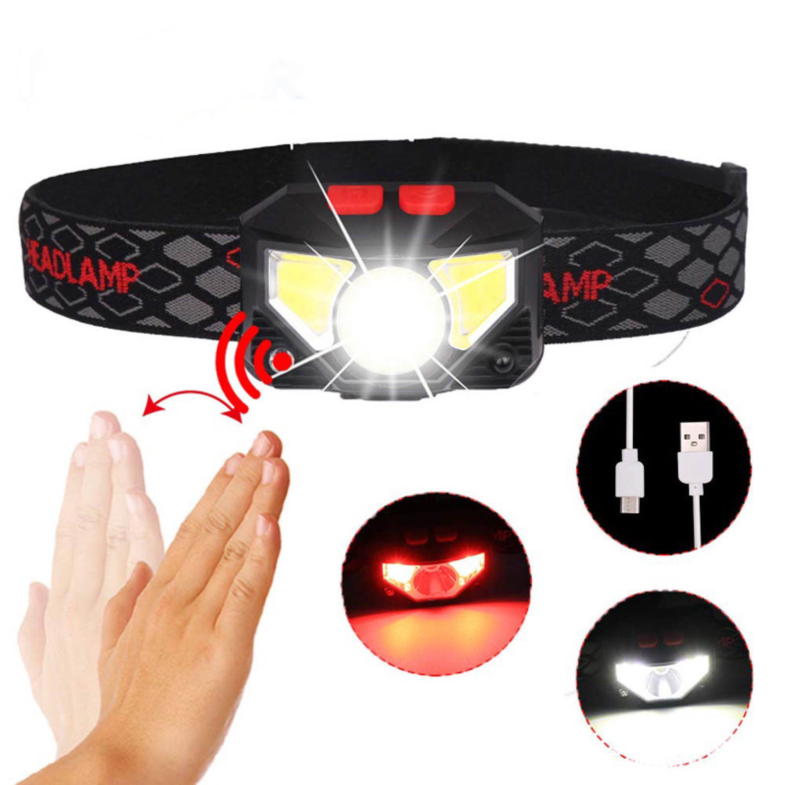 Stirnlampe mit Bewegungssensor, zwei Knöpfen, USB-Kabel und roten/weißen Lichtern.
