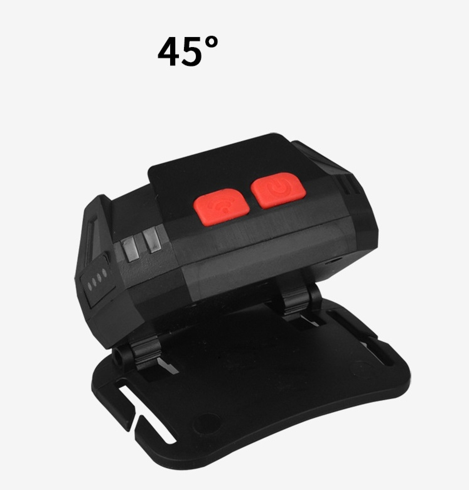 Schwarze Stirnlampe mit zwei roten Knöpfen und Batterieanzeige.