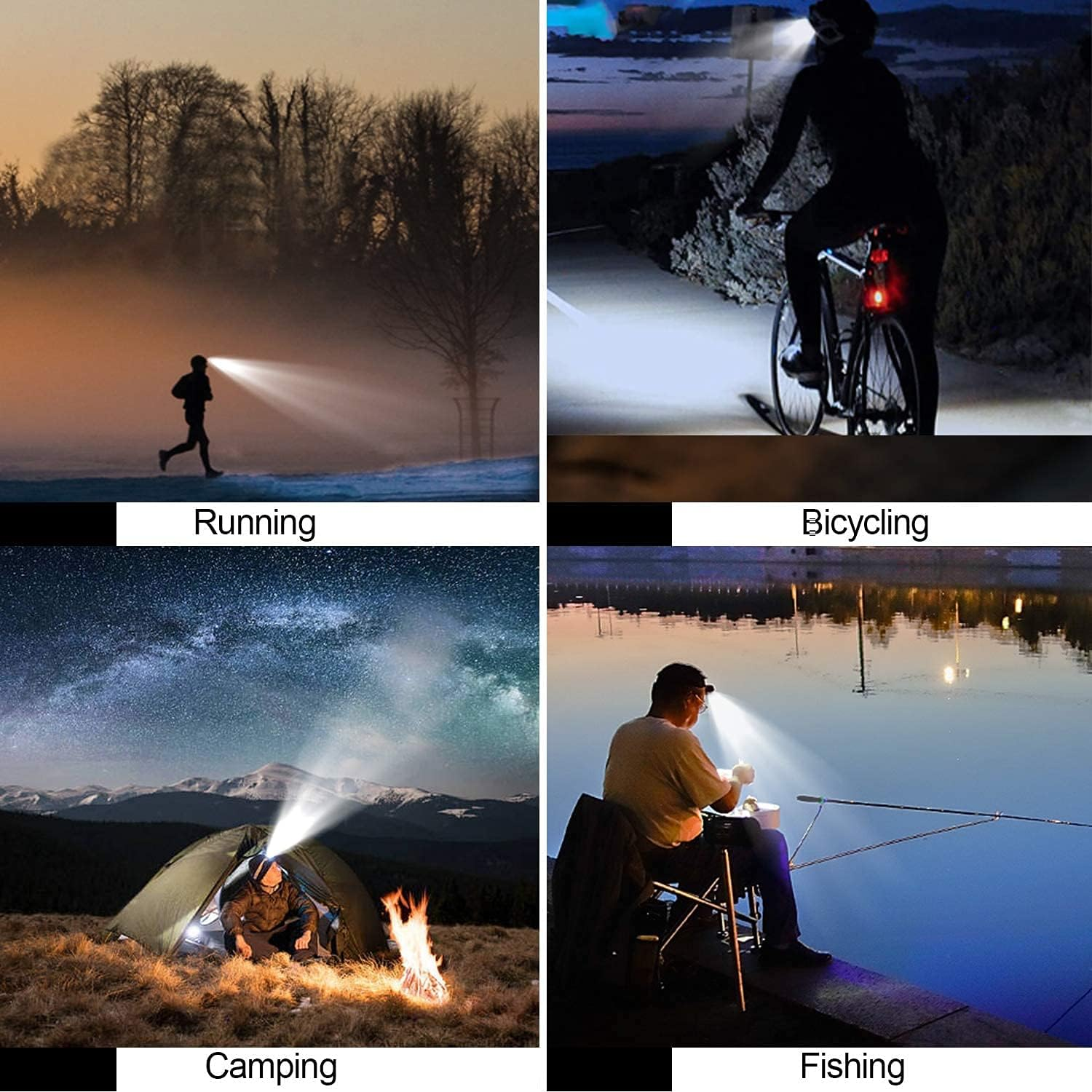 Vier Szenen: Laufen im Nebel, Radfahren bei Nacht, Camping unter Sternen, Angeln am Wasser.