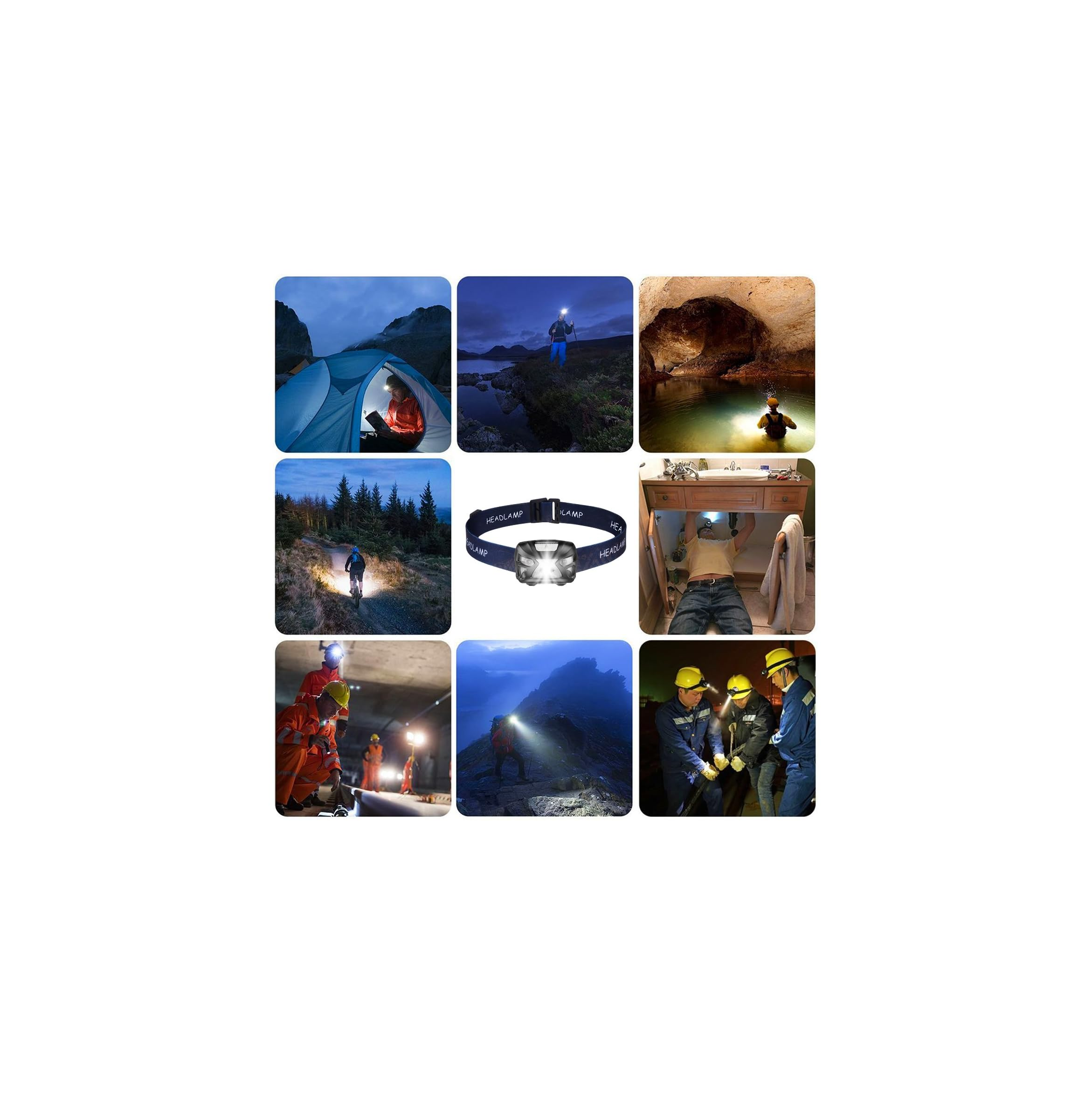 Collage von 9 Bildern, die Menschen bei Nachtaktivitäten zeigen. Von Camping bis Höhlenforschung.