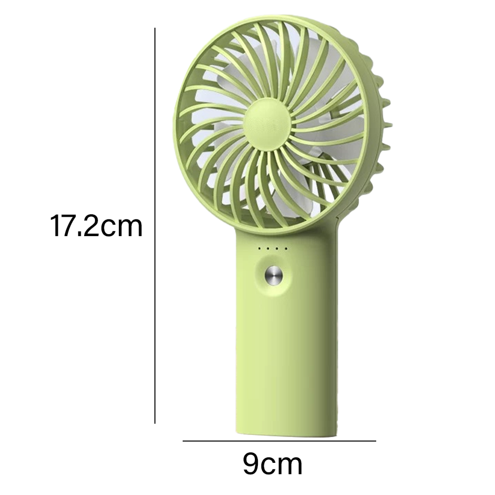 Ein hellgrüner Handventilator mit weißem Propeller und silbernem Knopf.