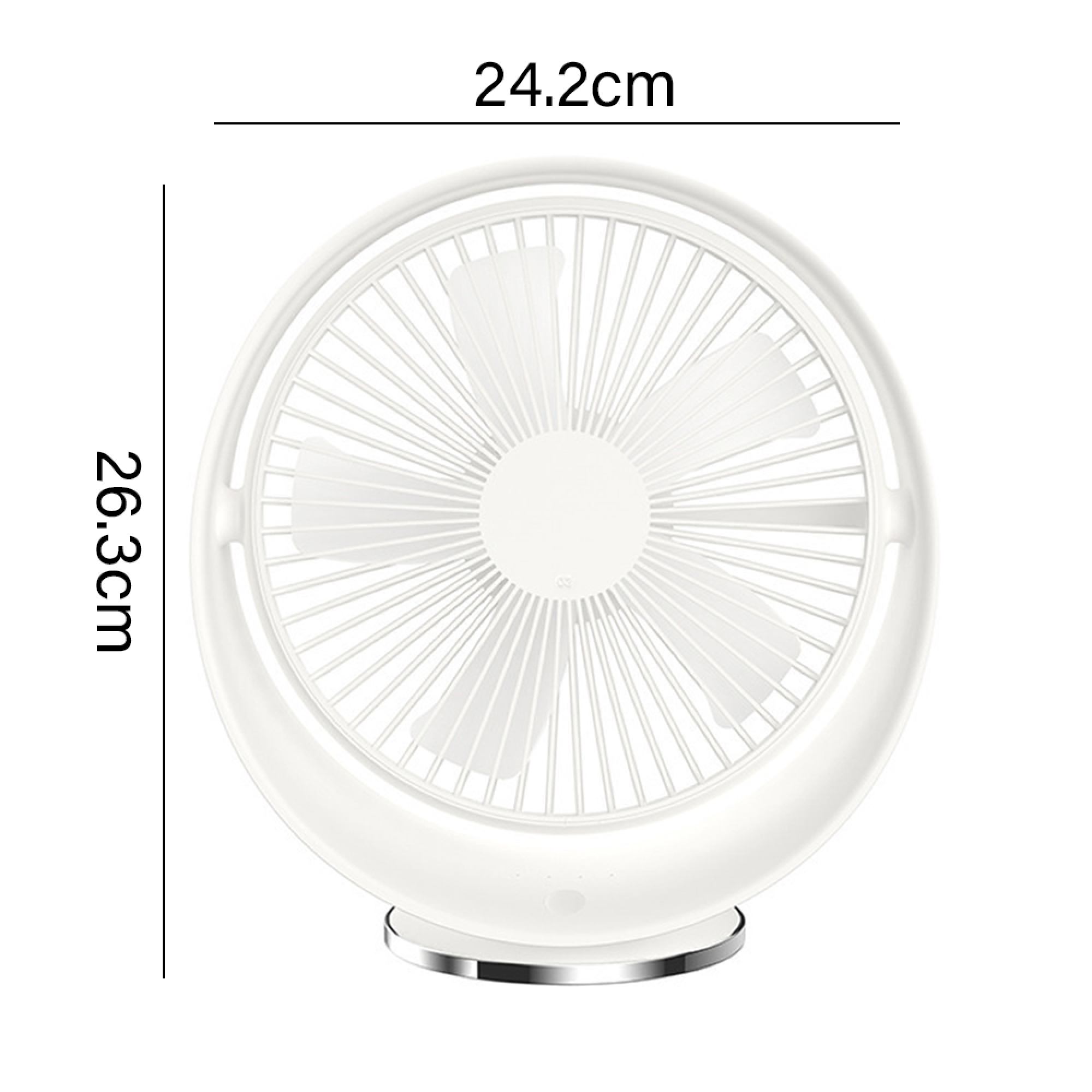 Ein weißer Tischventilator mit silbernem Sockel, 24,2 cm breit und 26,3 cm hoch.