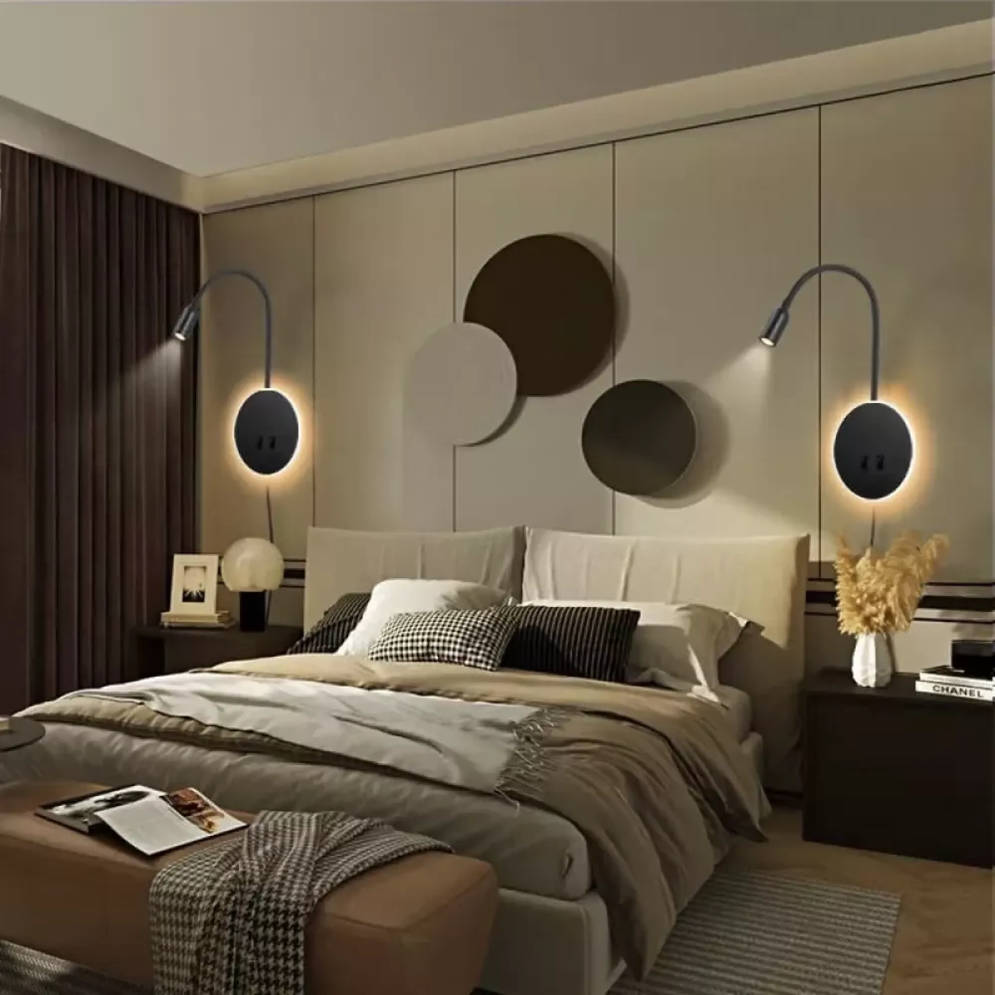 Ein modernes Schlafzimmer mit einem Bett, zwei Wandleuchten und runden Dekorationen.