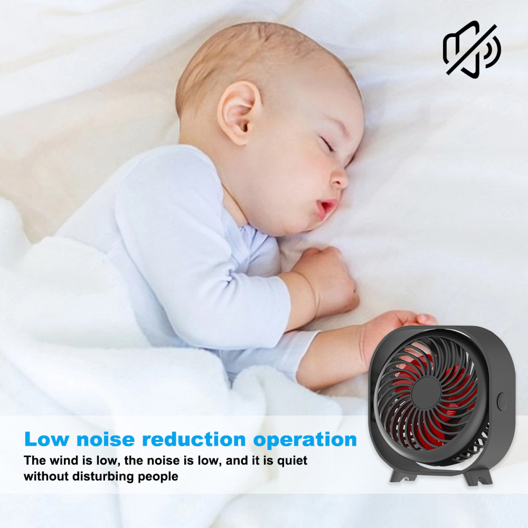 Ein Baby schläft neben einem leisen Ventilator mit rotem Rotor. Stummschaltungssymbol.
