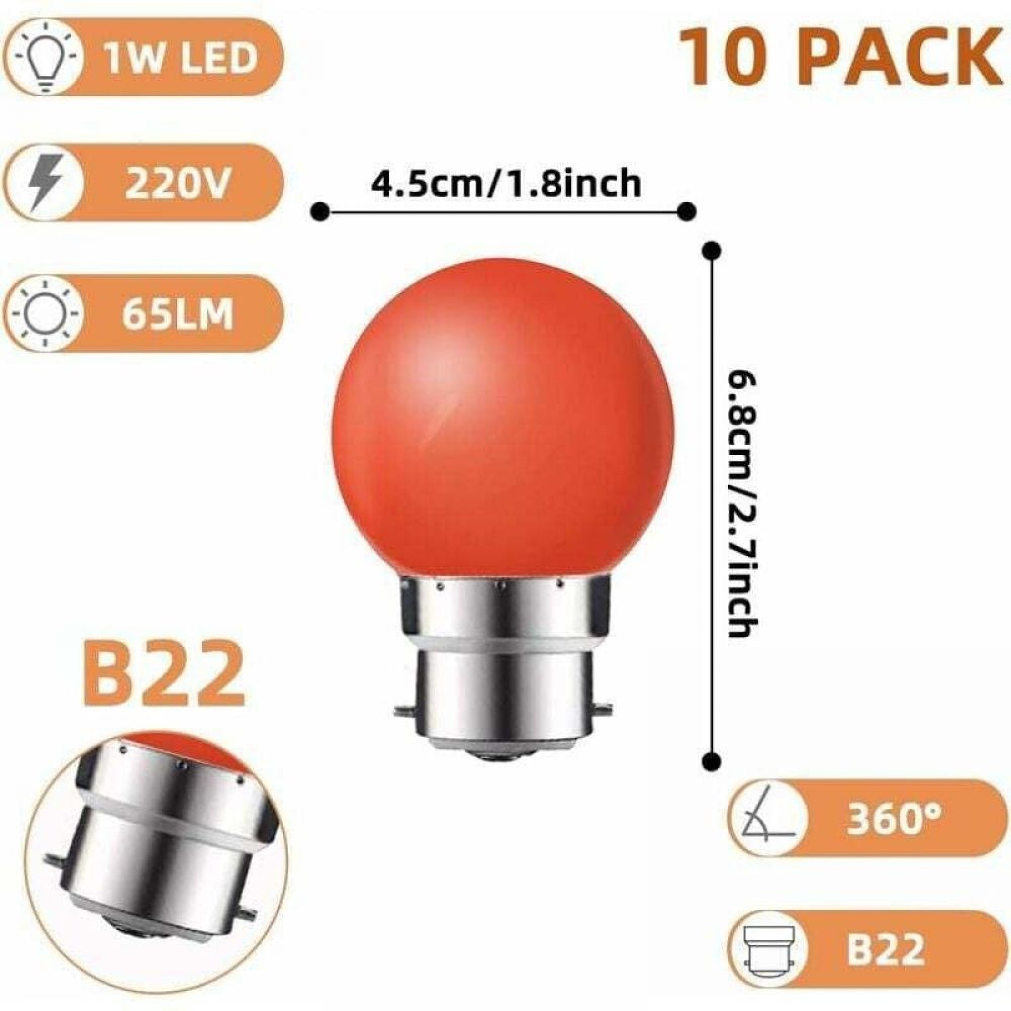 Packung mit 10 roten LED-Lampen, 1W, 220V, 65LM, B22 Sockel, 4,5cm breit, 6,8cm hoch.