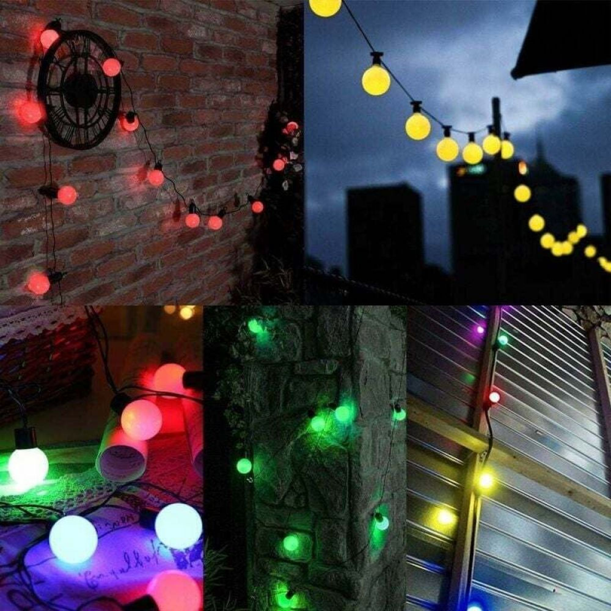 Bunte Lichterketten mit runden Glühbirnen auf Ziegel-, Stein- und Metalloberflächen.