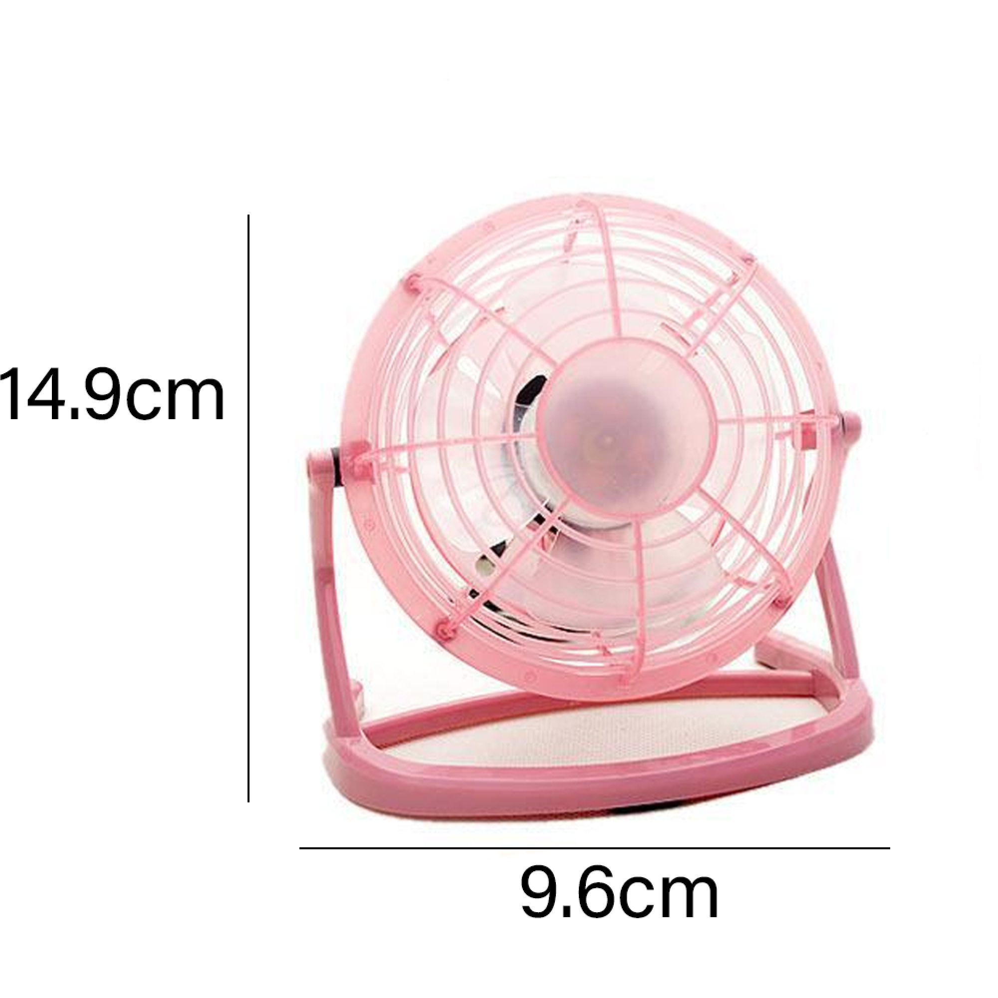 Ein kleiner rosafarbener Ventilator mit einem Gitter und einem Ständer.