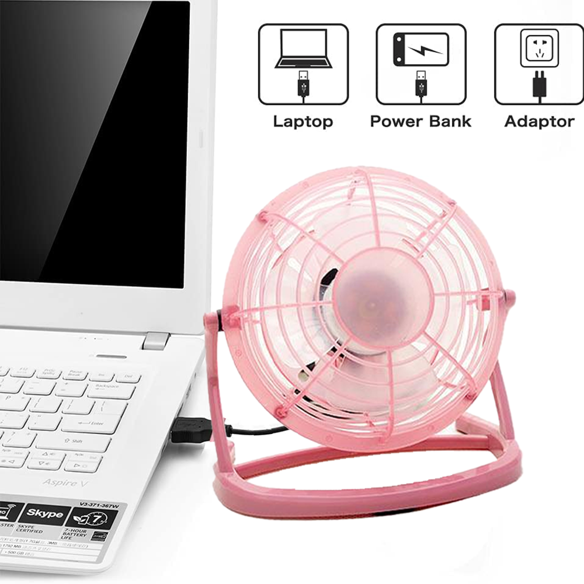 Ein rosafarbener USB-Ventilator ist an einen weißen Laptop angeschlossen, darüber Symbole für Laptop, Powerbank und Adapter.