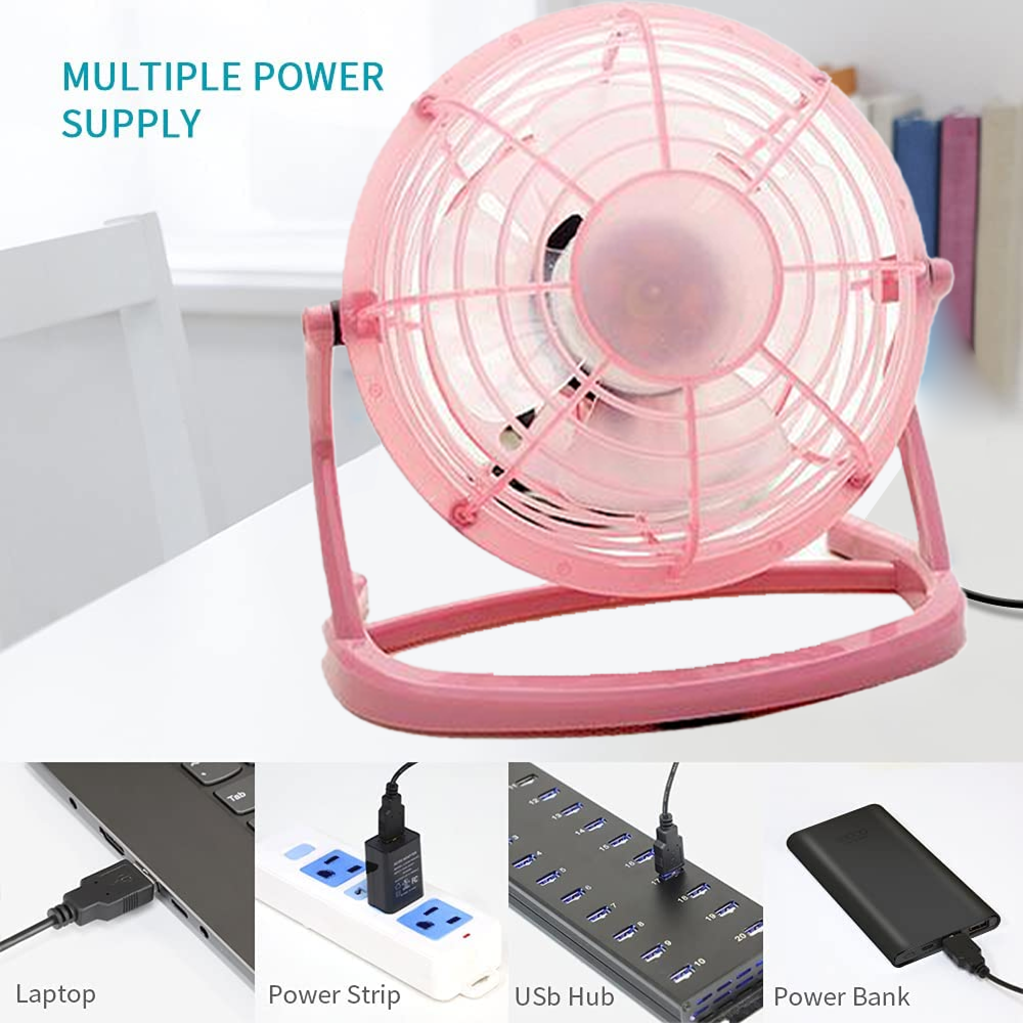 Ein rosafarbener Ventilator über einer Laptop-Tastatur, Steckdosenleiste, USB-Hub und Powerbank.