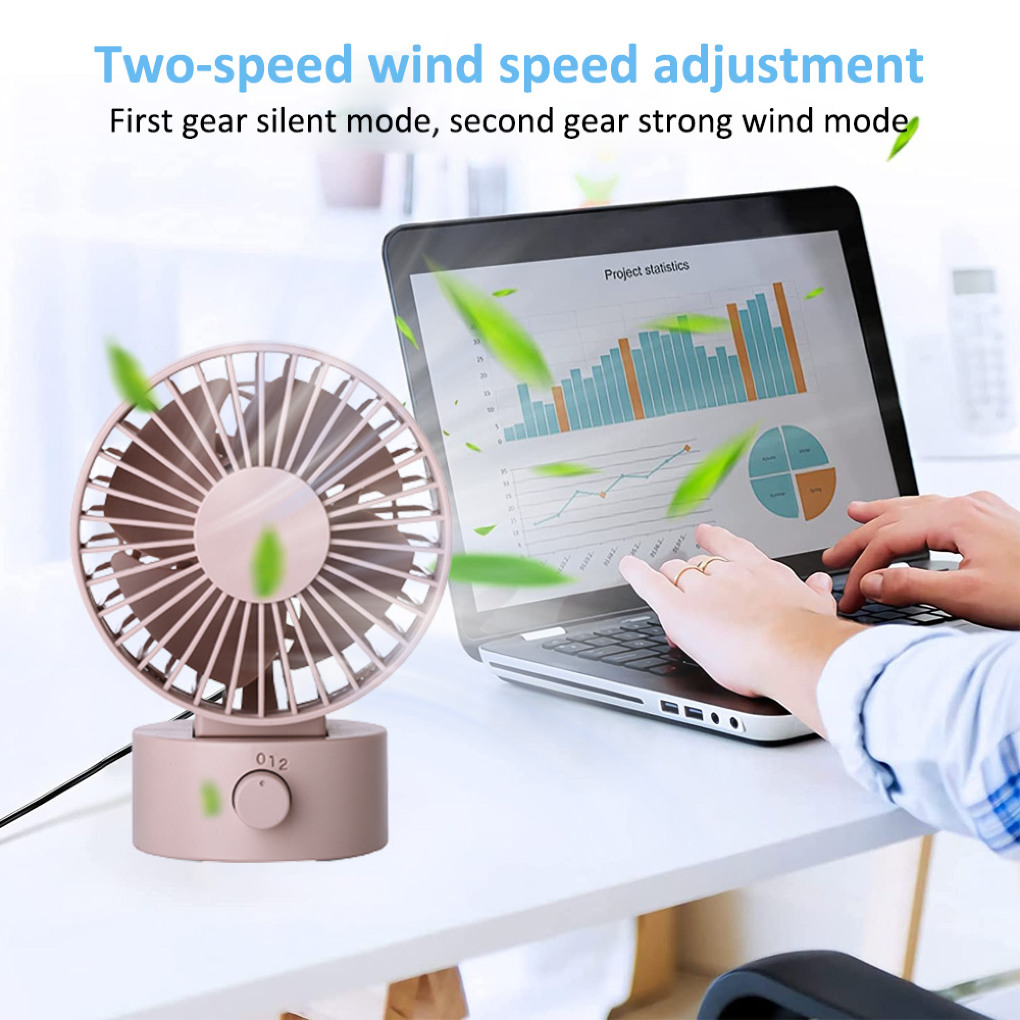 Ein rosafarbener Ventilator steht neben einem Laptop mit Diagrammen. Grüne Blätter schweben.