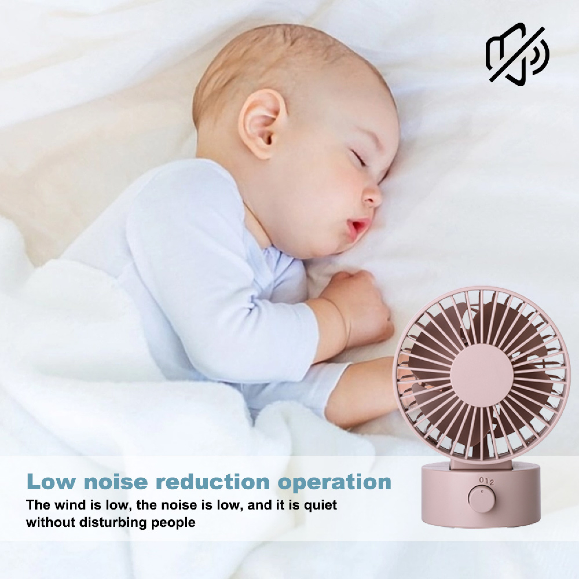 Ein Baby schläft neben einem leisen Ventilator. Lautstärkesymbol oben.