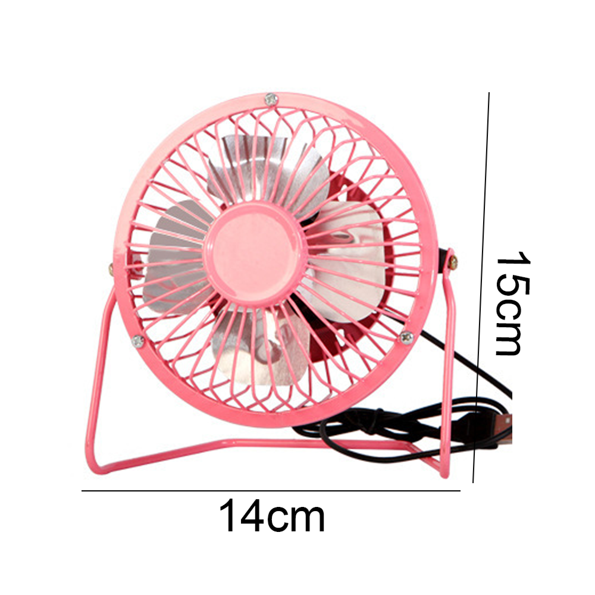 Ein kleiner rosa Ventilator mit einem Gitter und zwei Standfüßen.