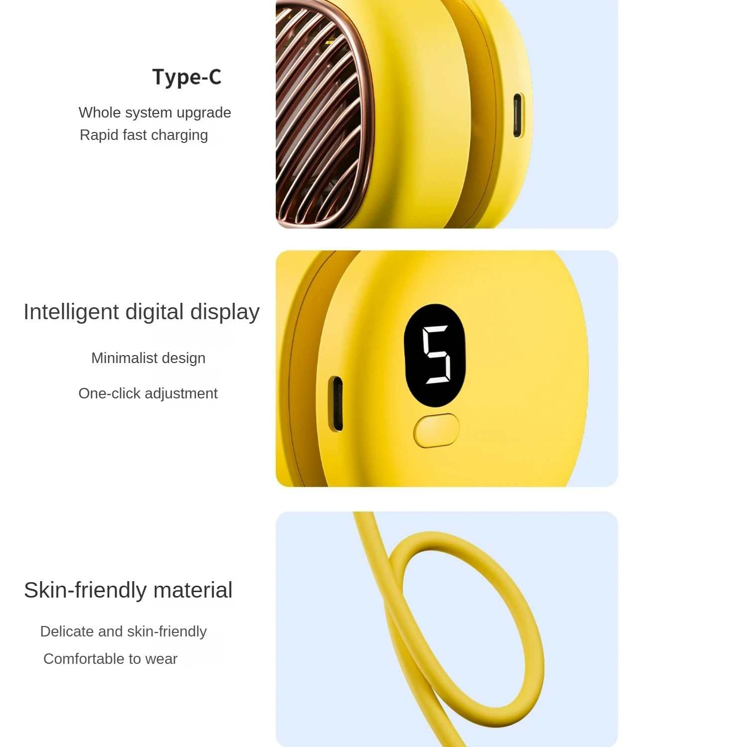 Gelbes Gerät mit Lüftungsschlitzen, digitaler Anzeige und Kabel.