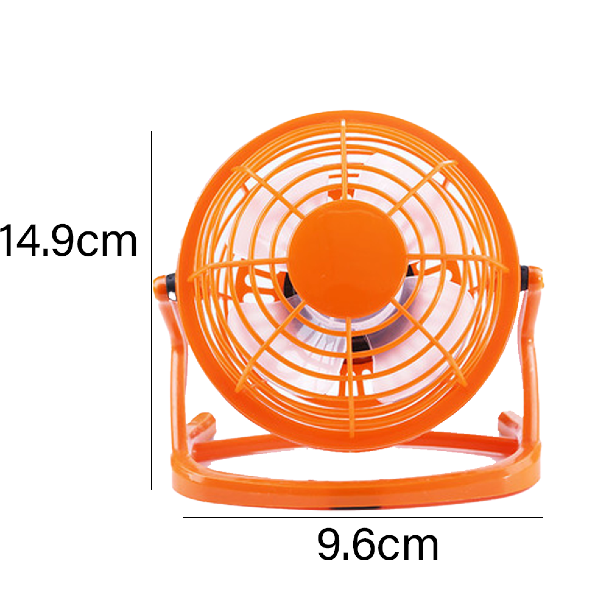 Ein kleiner orangefarbener Ventilator mit Metallgitter und einem runden Ständer.