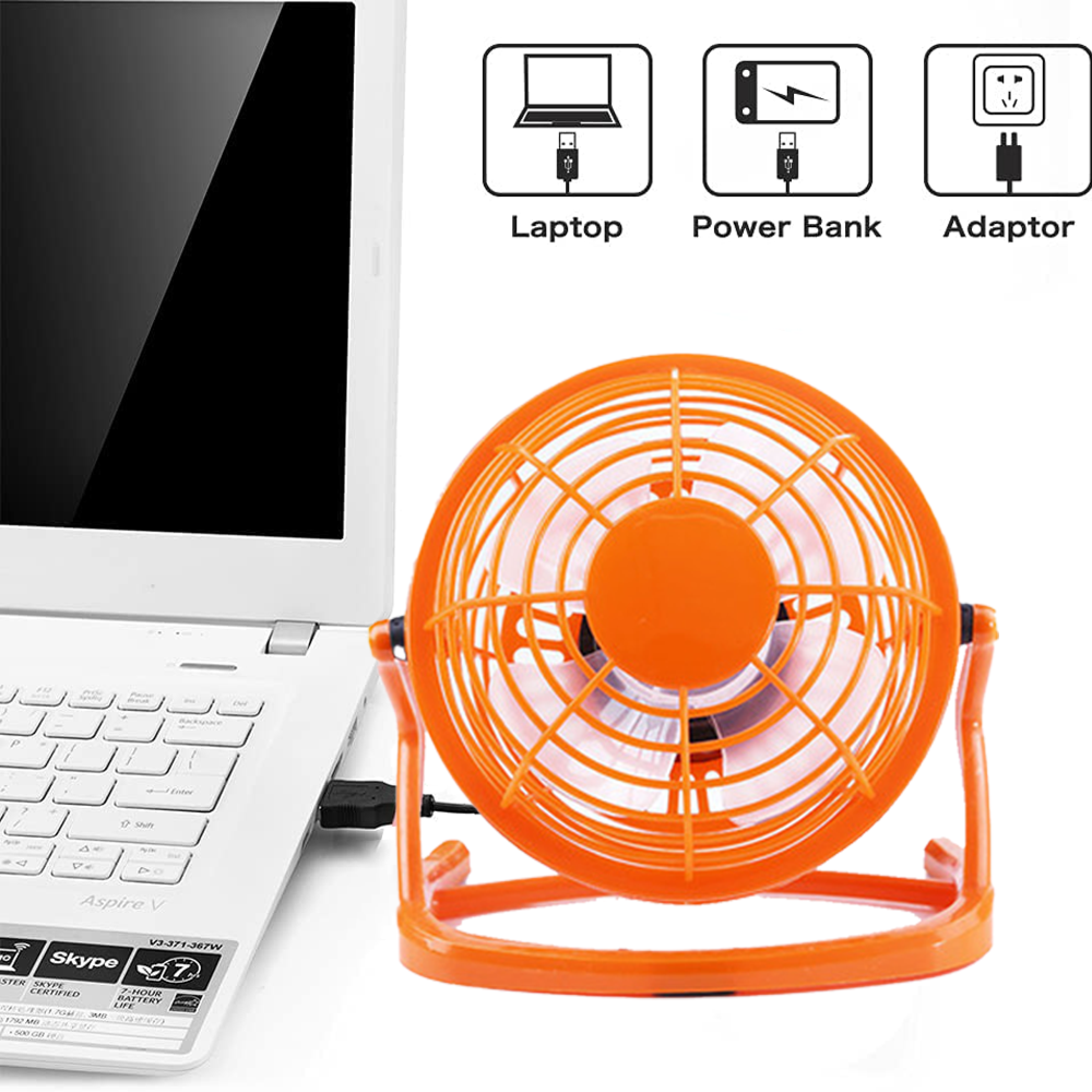 Ein orangefarbener USB-Lüfter ist an einen weißen Laptop angeschlossen.